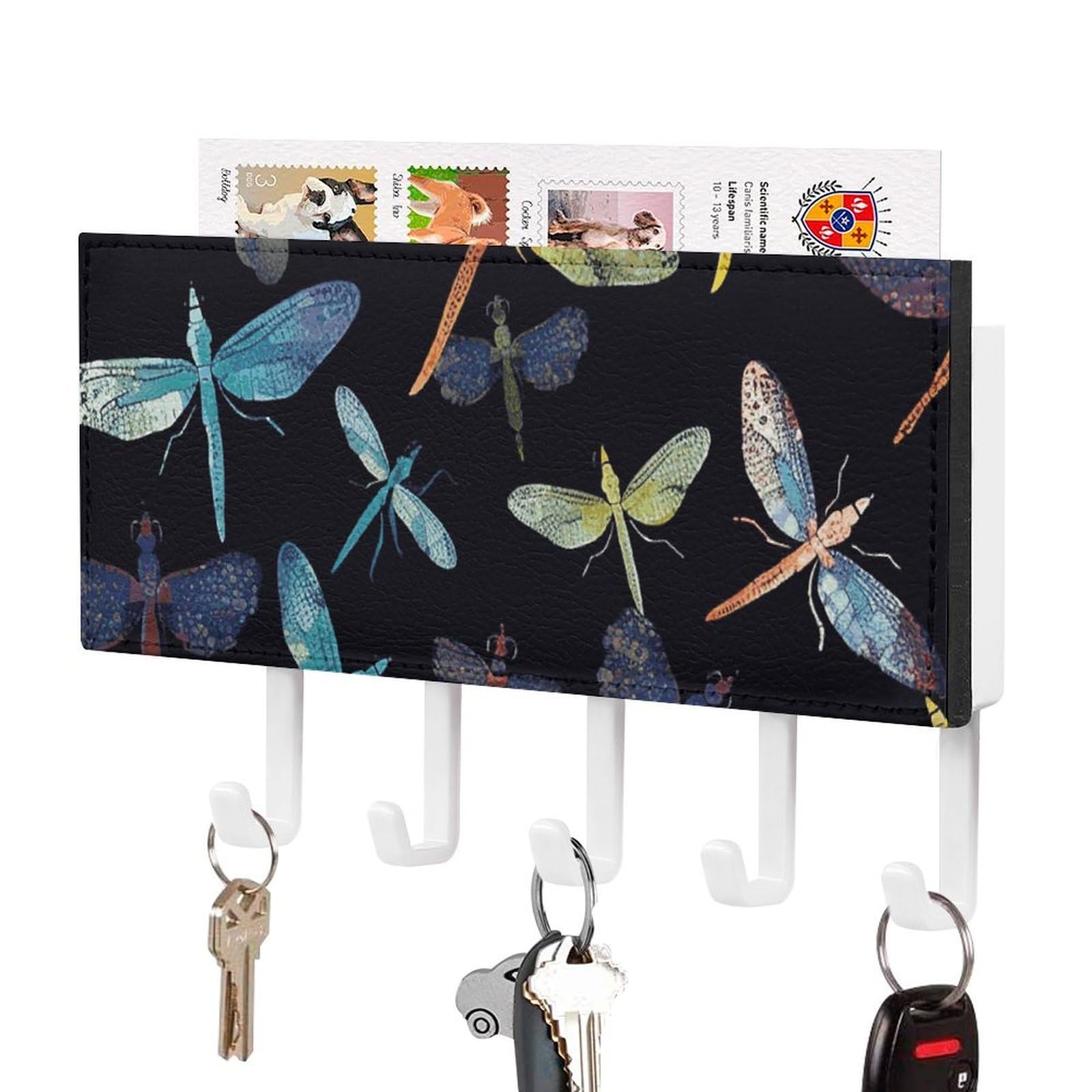 JTREHY Colorful Dragonfly Holder Wall-Mounted Key and Mail Holder,Key Rack with 5Keys Hooks, Easy to Install Mail Organizer for Entryway, Front Door, Hallway, Office