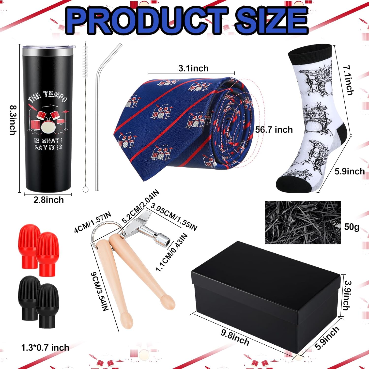 Shyyween 12 Pcs Funny Drummer Gifts for Men Include Drummer Tumbler Bass Tie Drumstick Dampeners Drum Keychain Socks with Gift Box for Fathers Day Grandfather Drum Lovers Gifts