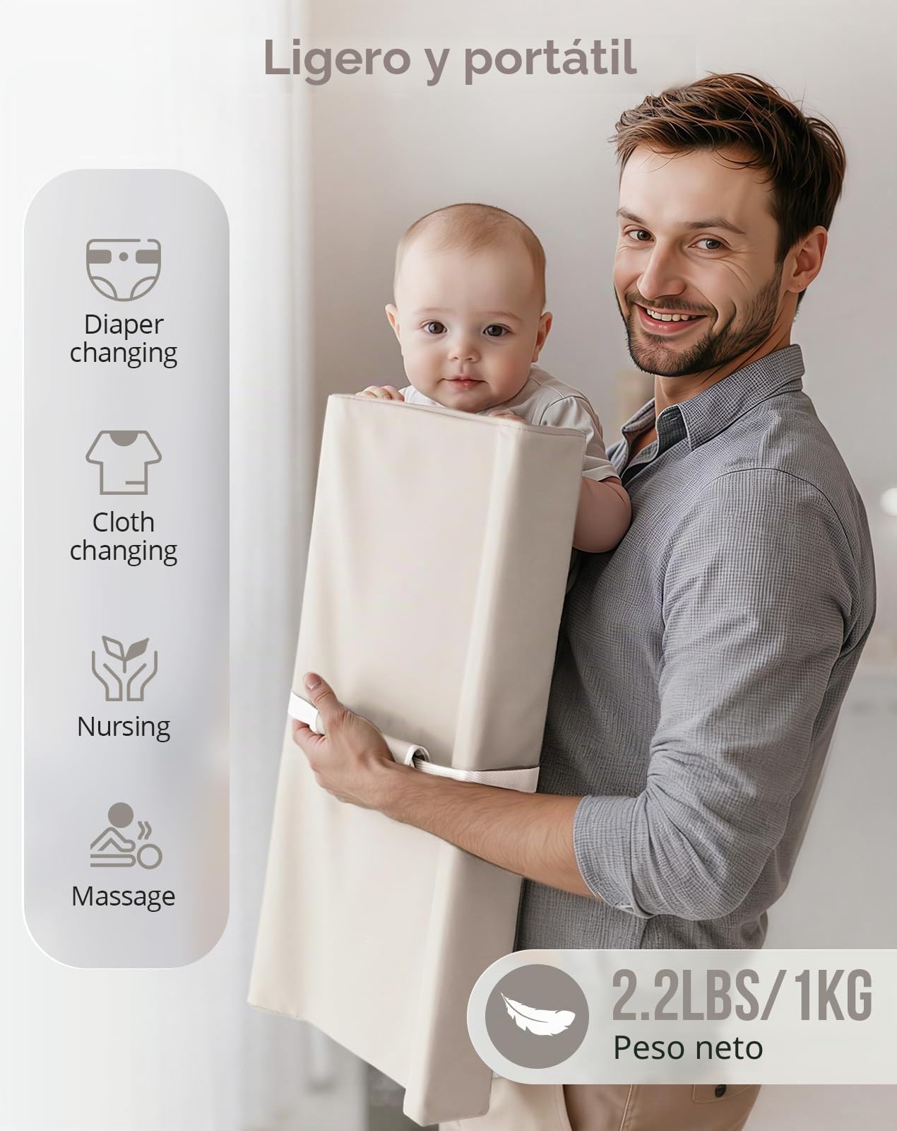 COMOMY Cambiador de cuero vegano para bebé con cubierta de poliuretano impermeable y suave, almohadilla cambiadora de cuña antideslizante con correas de seguridad, cambiador de pañales portátil, para