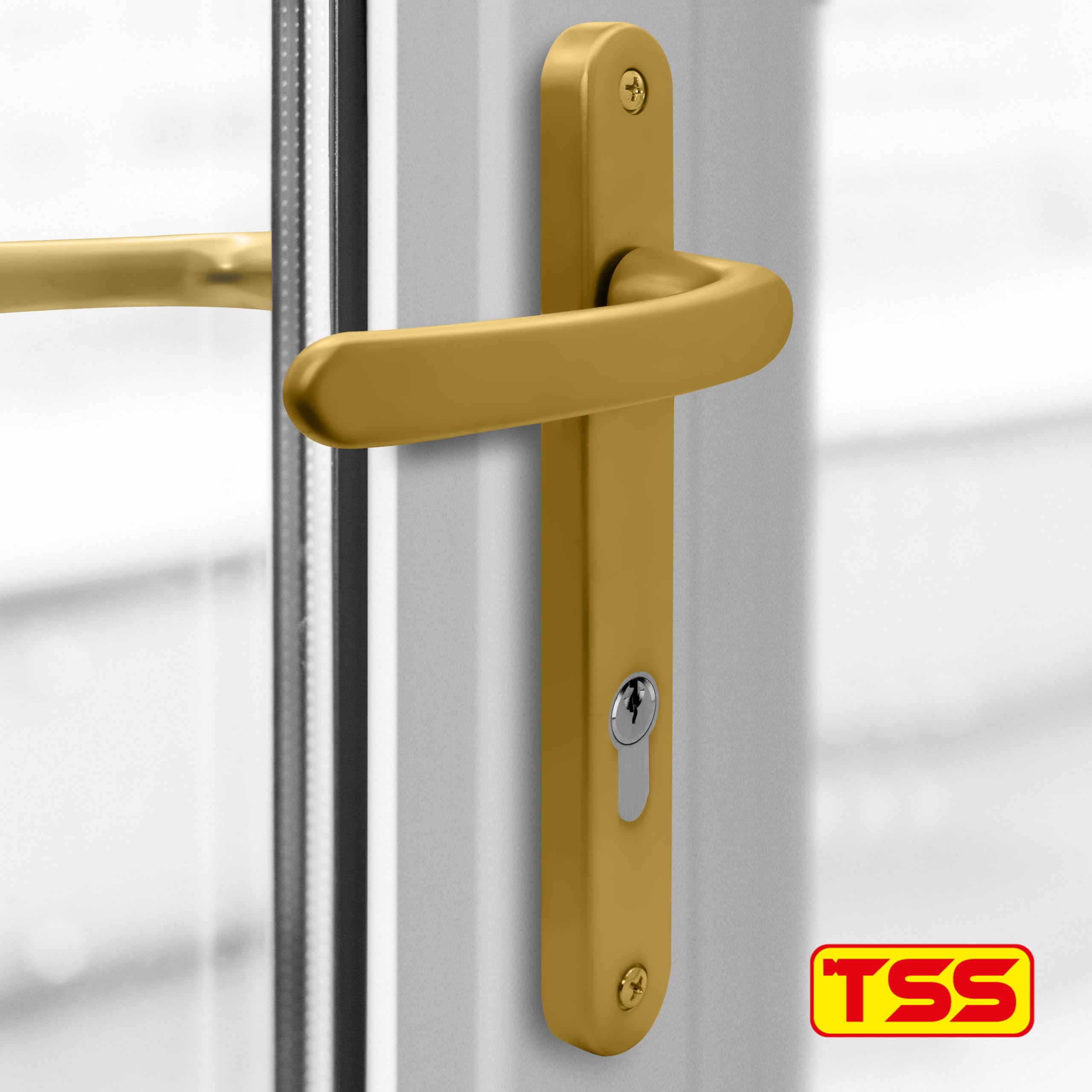 TSS Polished Brass UPVC Door Handle Pair Set, Sprung, 92mm PZ (Centres), Lever Lever, 203mm Screw To Screw (Screw Centres), Backplate 232mm X 32mm – Replacement PVC Door Handle In Polished Brass