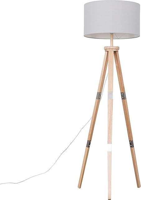 MiniSun Large Modern Light Wood & Metal Tripod Design Floor Lamp with a Grey Cylinder Shade