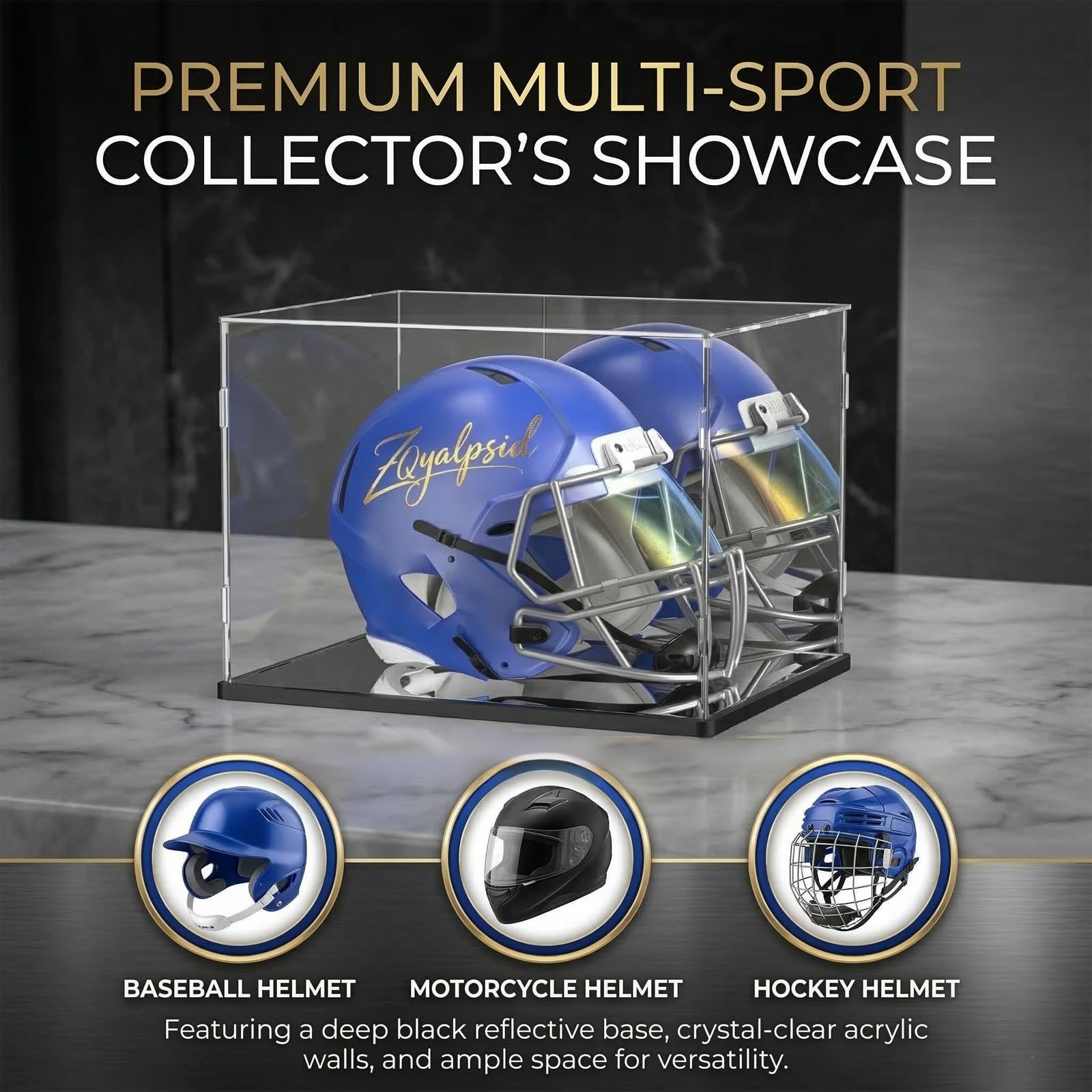 Vitrina acrílica para casco de fútbol, béisbol y motocicleta, caja de exhibición transparente con doble espejo y base negra, vitrina a prueba de polvo para coleccionables de tamaño completo (14.9