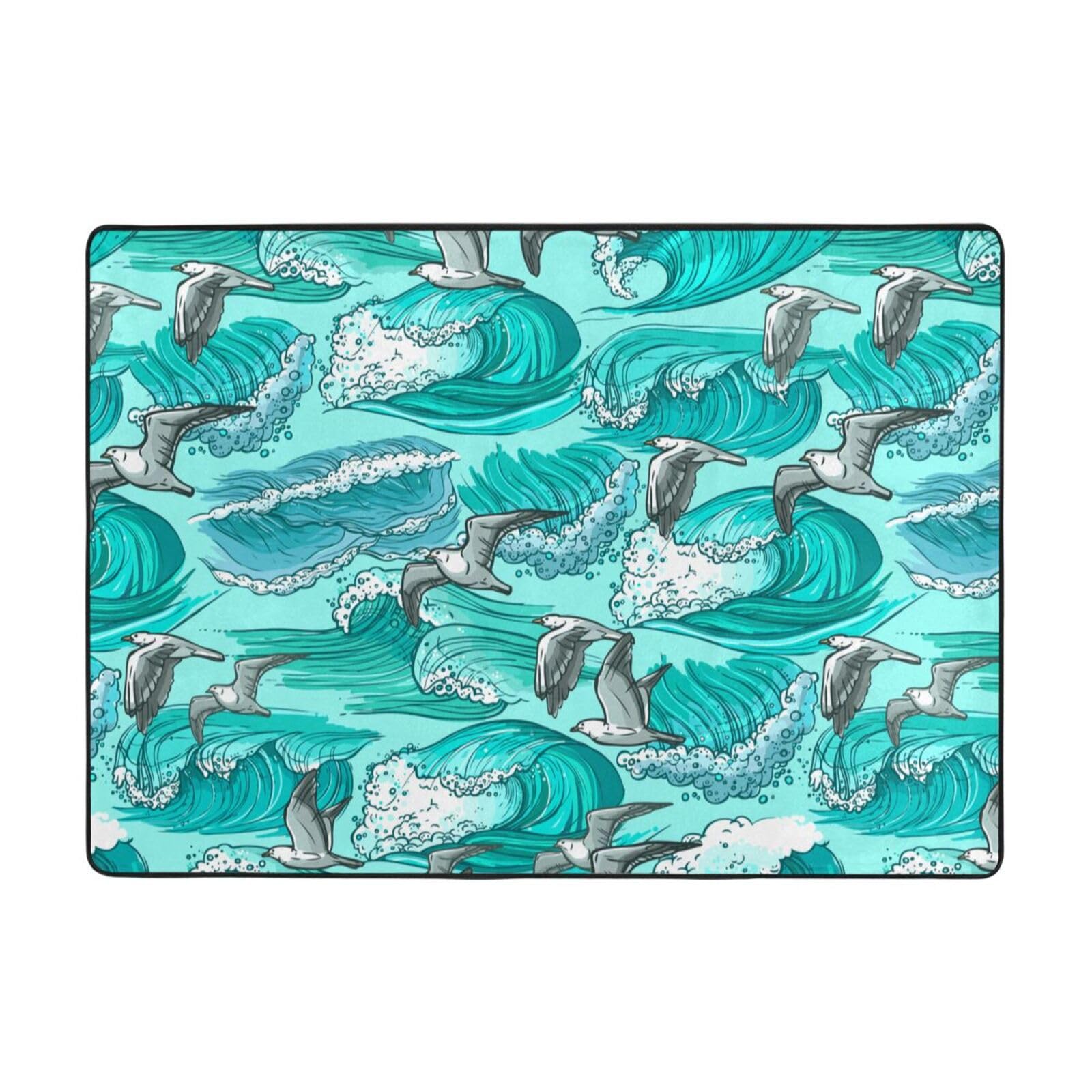 Onde Schizzo Gabbiano Uccelli, Tappeto grande antiscivolo per soggiorno e camera da letto, 208 x 148 cm.