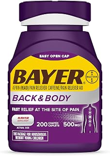 Bayer Extra Strength Aspirin 500mg + Caffeine for Fast Back, Body & Muscle Pain Relief, 200 Coated Caplets