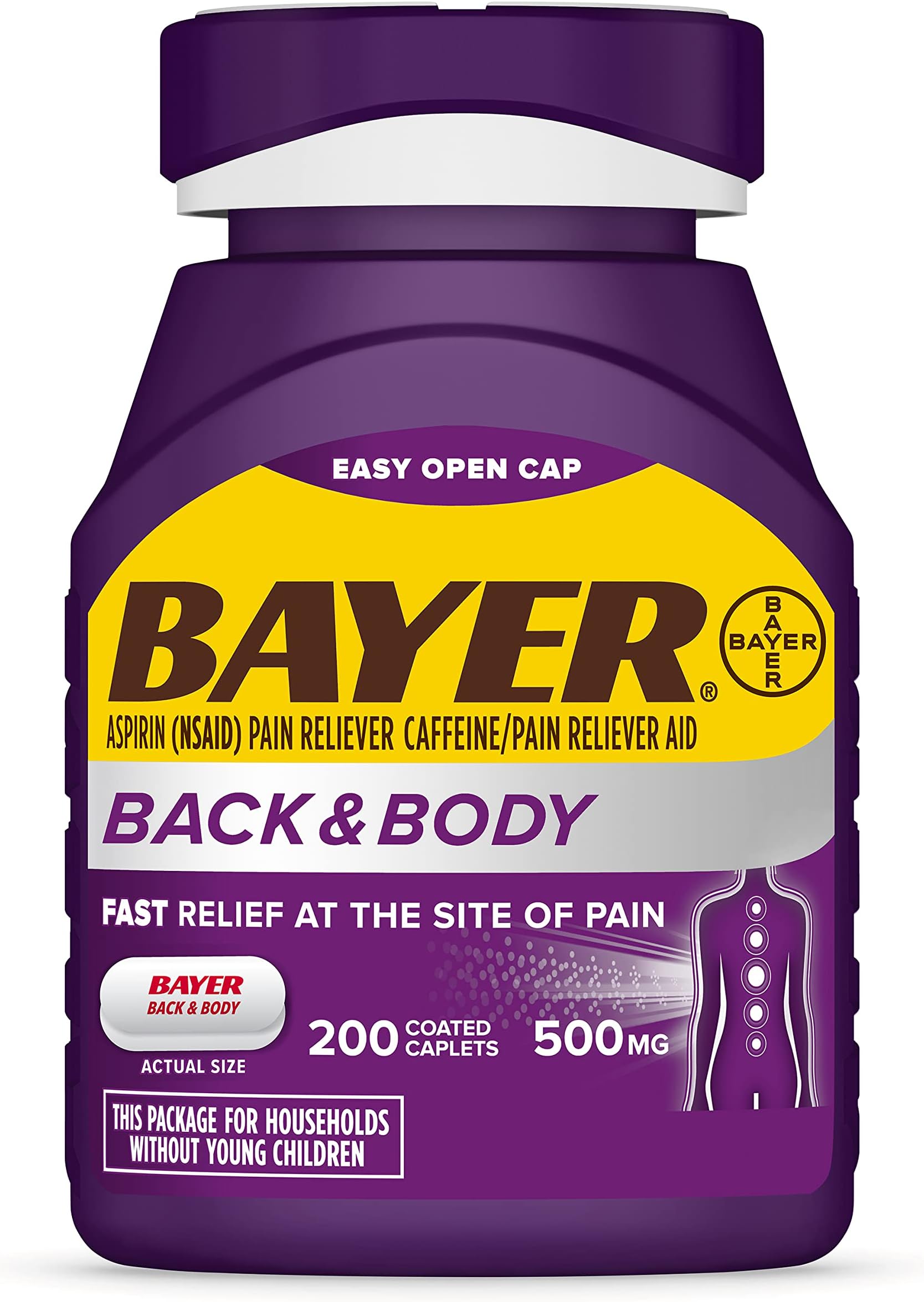 Bayer Back & Body 500mg Aspirin Plus Caffeine for Powerful Pain Relief, 200 Coated Caplets