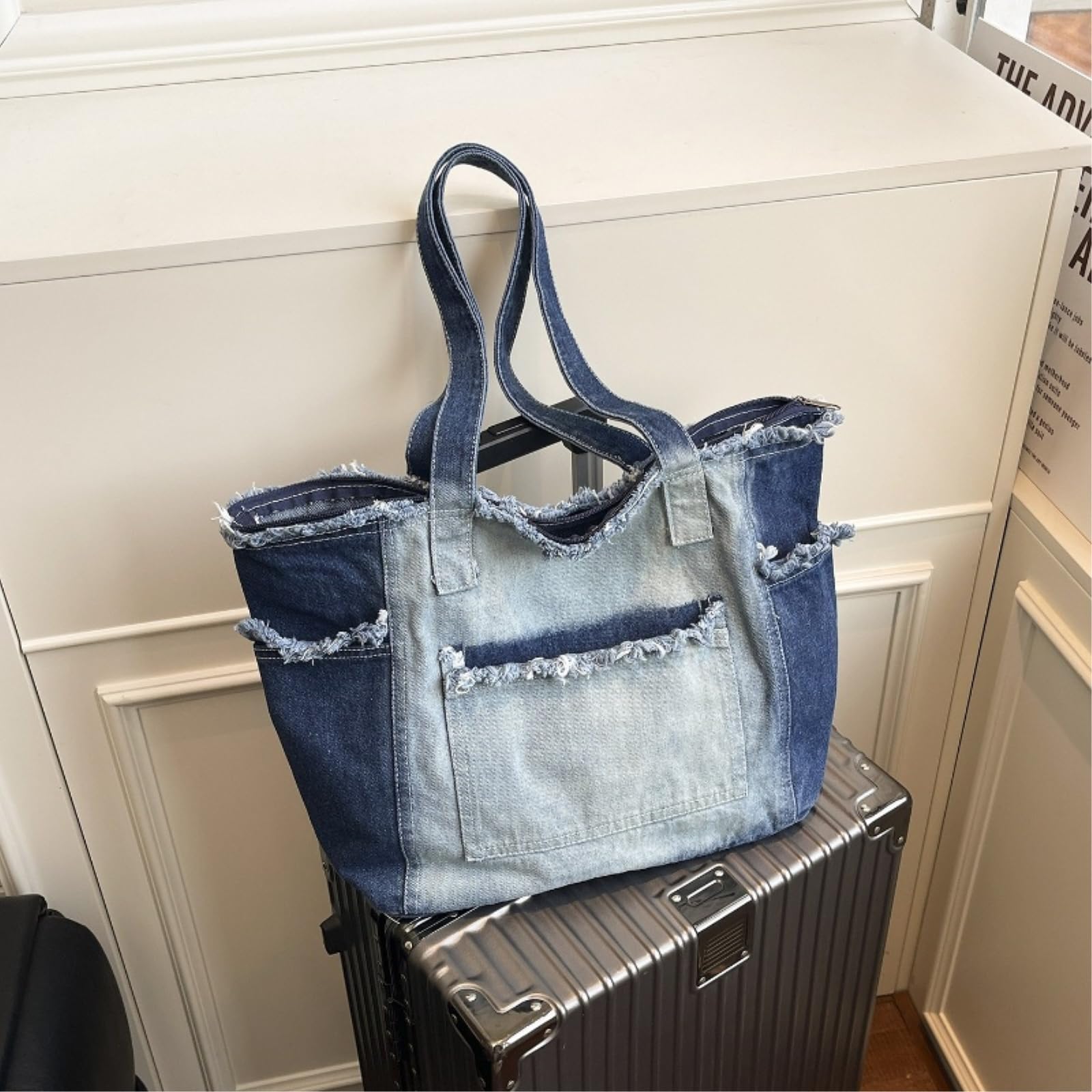Borsa a Tracolla sac À Épaule Franges En Denim De Grande Capacité Style Lavé pour Les Femmes Navette Quotidien Correspondant-Light Blue