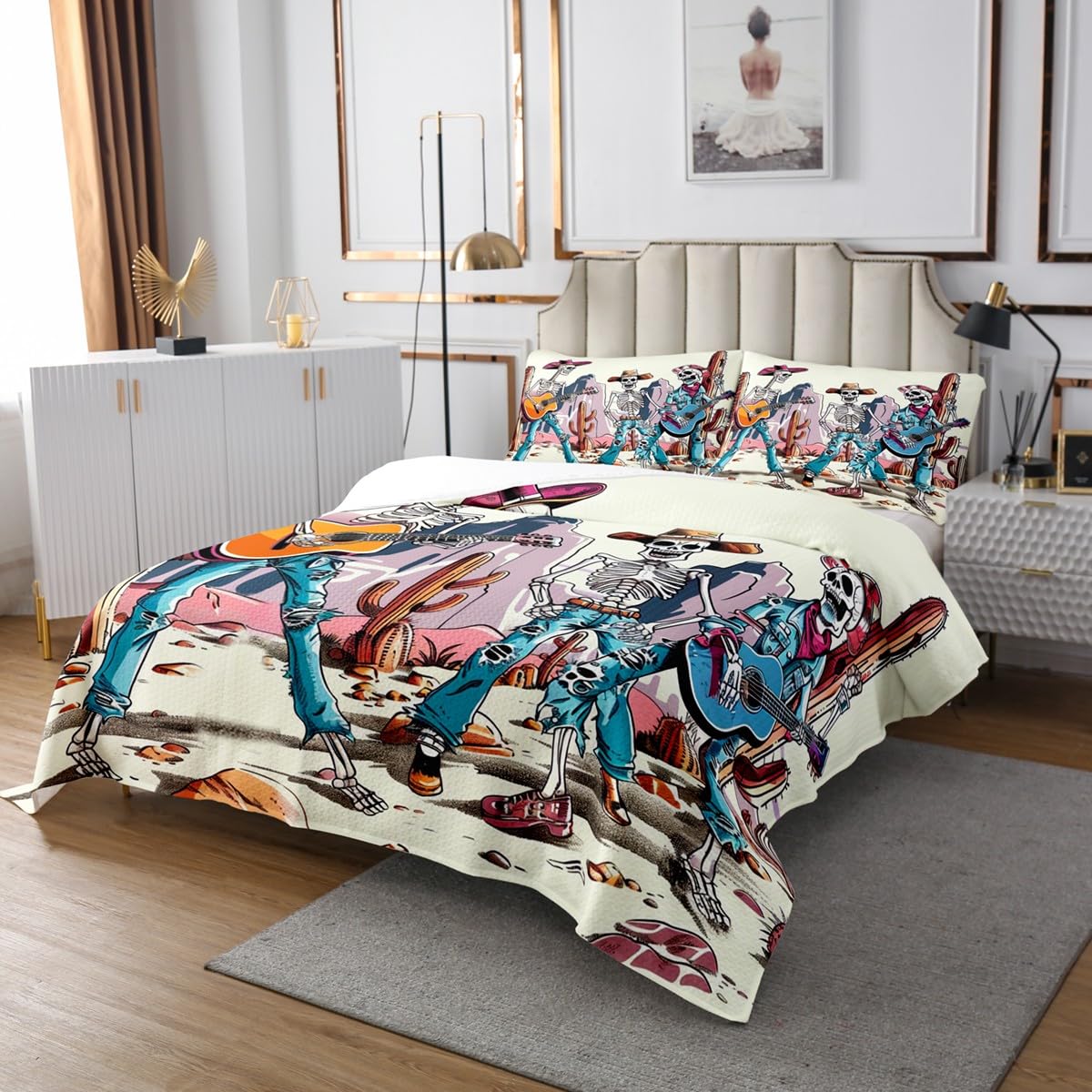 Manfei Cowboy Bedspread Queen Size, Funny Skeleton Playing Guitar Coverlet Set for Kids Boy Girls, Wild West Desert Cactus Quilted Coverlet with 2 Pillowcases, Soft Polyester Bedding Quilt