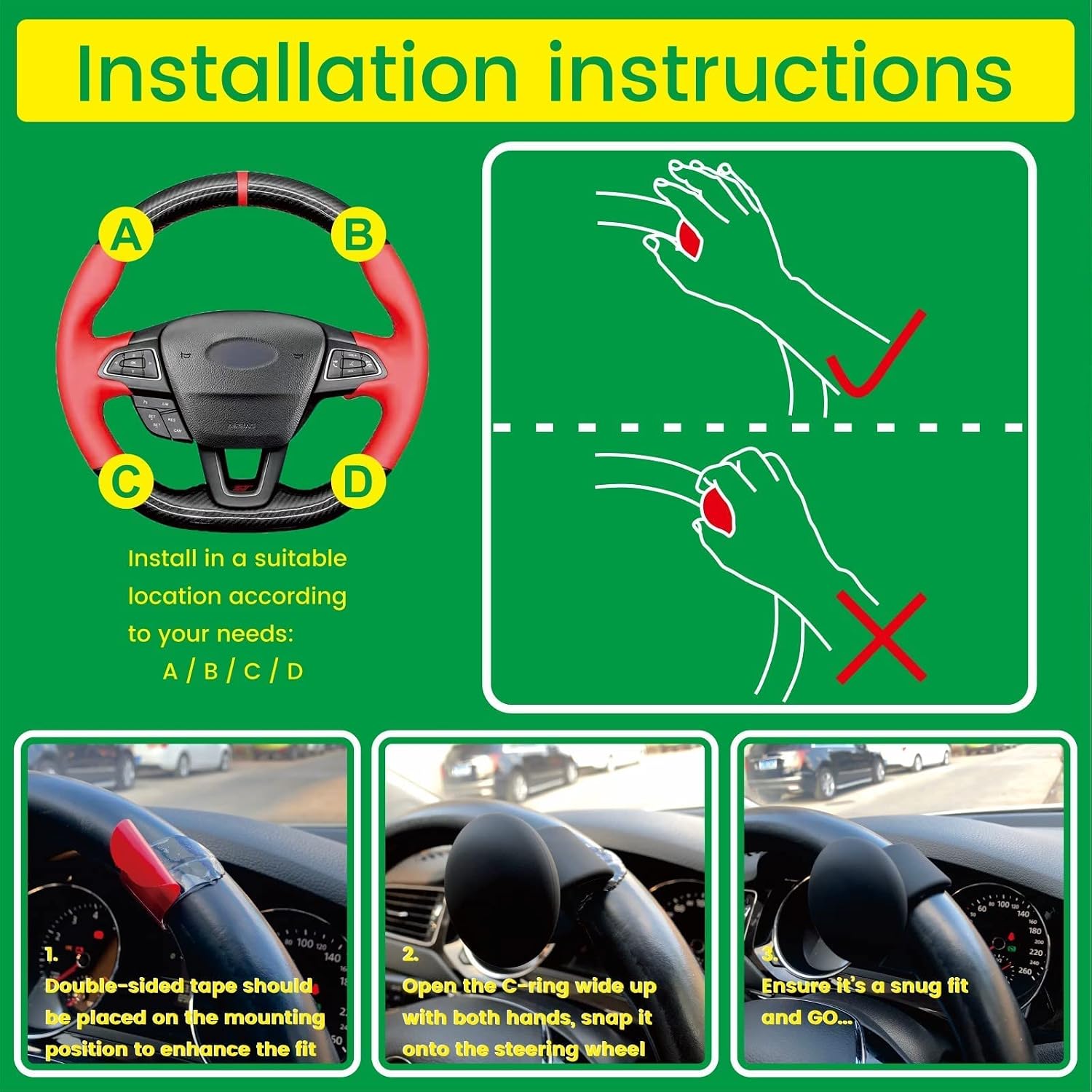 Steering Wheel Spinner, Steering Wheel Knob, Easy to Install, No Tools Required, Power Handle with Skin-Touch Silicone, for Trucks, Pickup Trucks, Semi, Car, Mower, Ideal for One-handed Driving ...