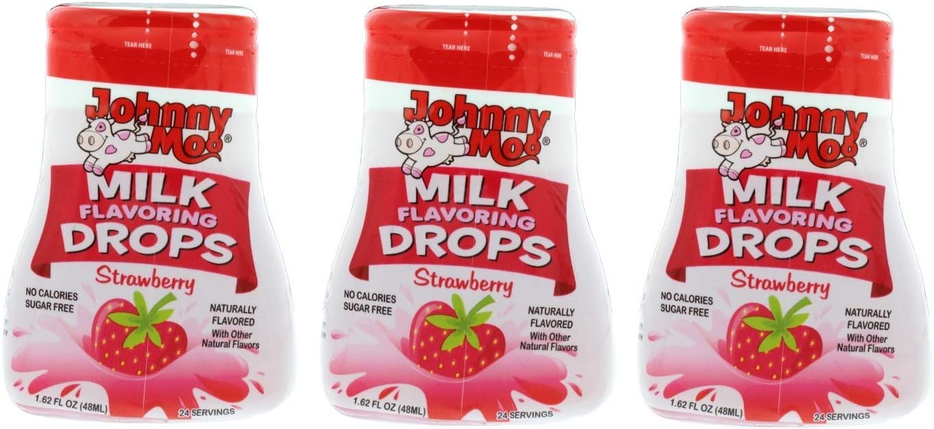 Johnny Moo Milk Flavoring Drops, Strawberry Flavor - A Sweet Treat That Makes Milk Taste Great - No Sugar, No Calories, Gluten-Free, Naturally Flavored - Pack of 3, 1.62 fl oz, 24 Servings Per Bottle