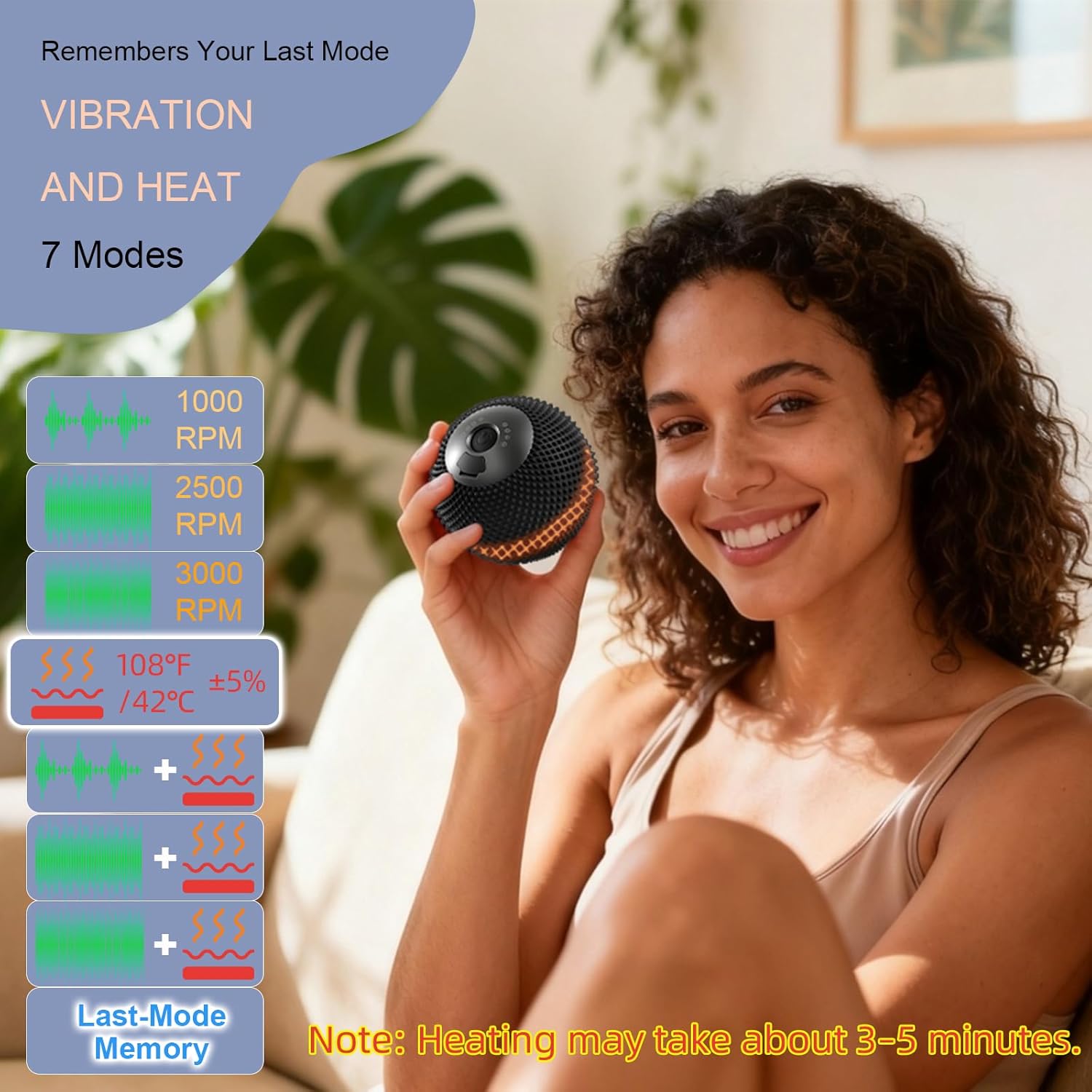 HODEMI Vibrating Massage Ball with Heat, 7 Modes Silicone Spiked Lacrosse Massage Ball for Deep Tissue Massage, Myofascial Release & Sports Recovery – Full Body Use at Home, Gym or Office (Black)