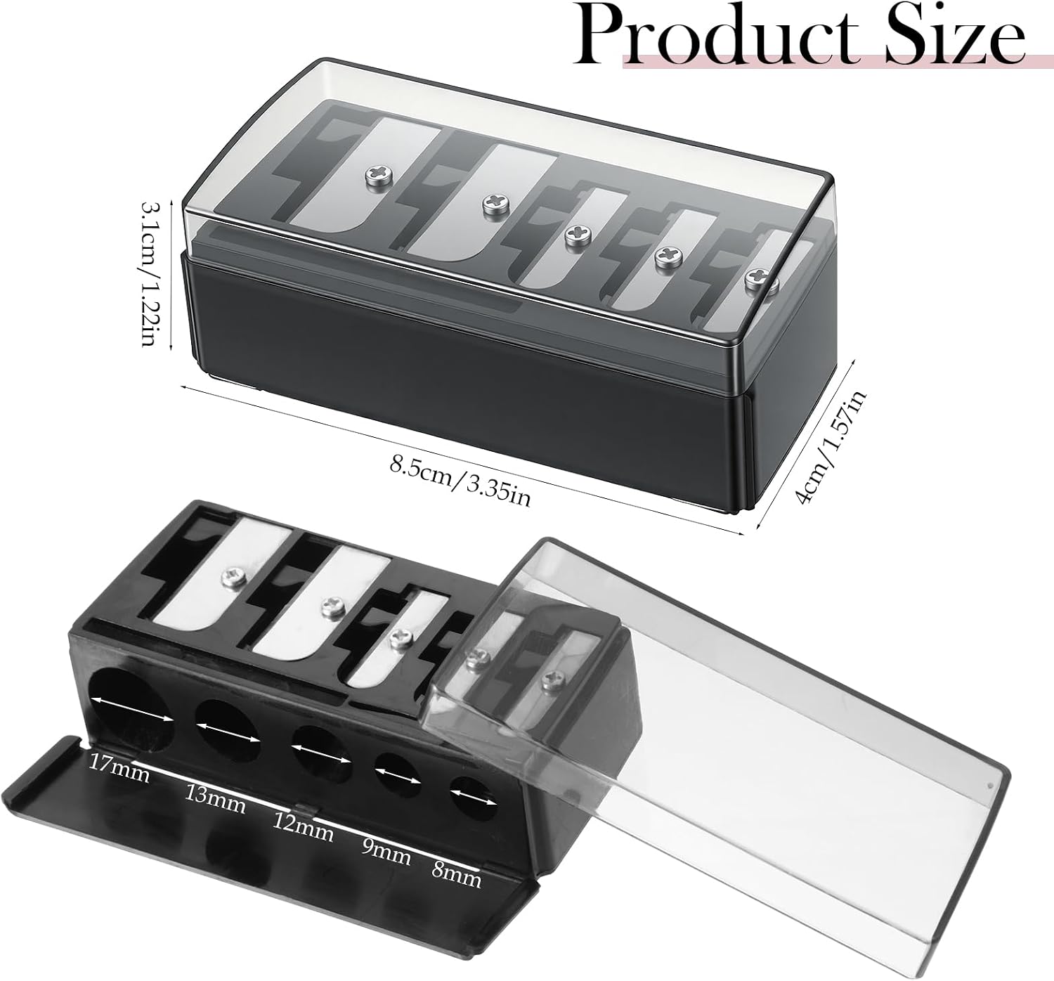 JJUNW 2 Pcs Eye Pencil Sharpener for Women, 5 Hole Cosmetic Long Point Pencil Sharpener, Makeup Pencils Sharpeners with Plastic Lid for Eyeliner Eyebrow Lip Liner Pencils(Black)