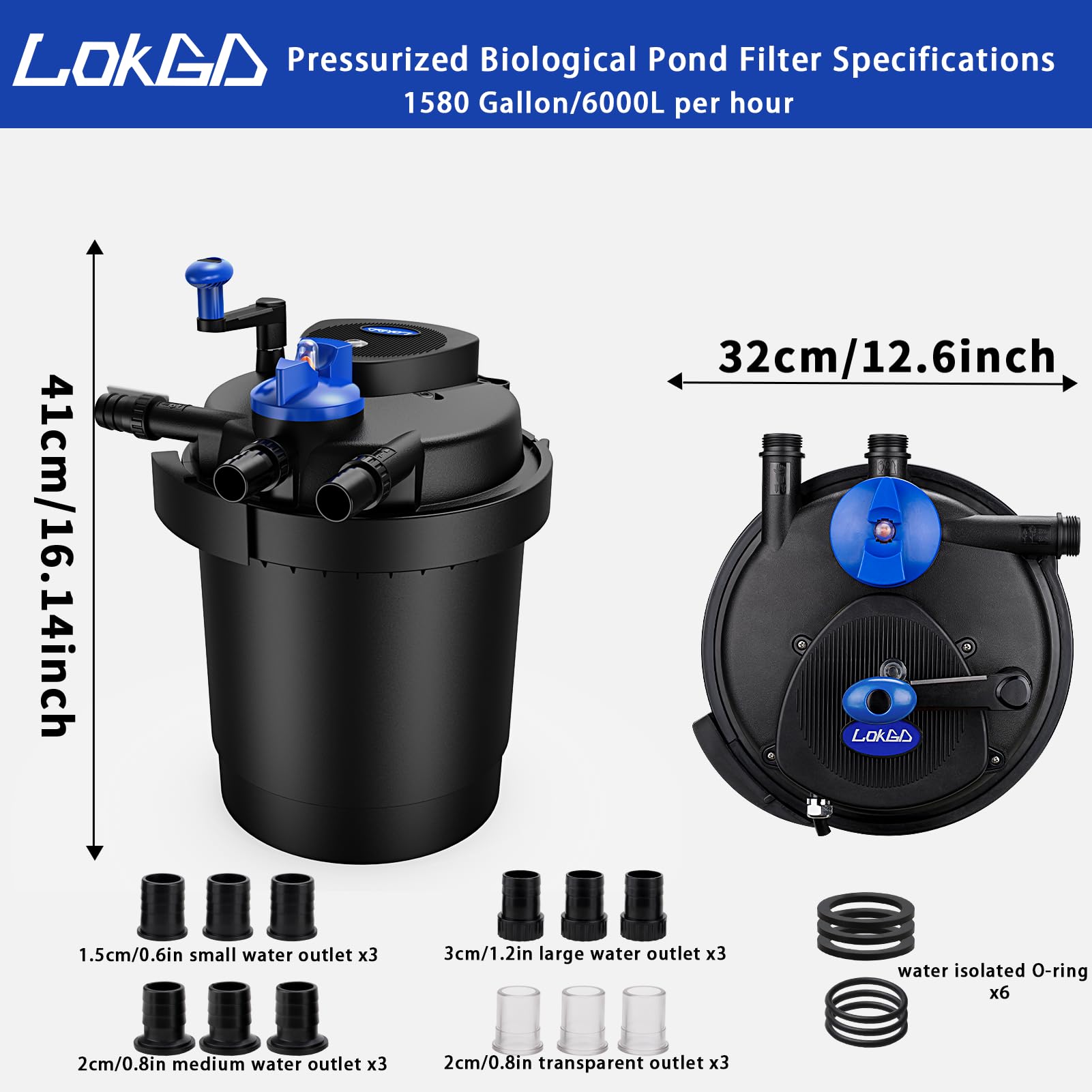Lokgd Pressure Biological Pond Filter,1580 GPH Pond Filter with 15W Light,6000L Bio Pressurized Pond Filter for Outdoor Pond Koi Fish Garden Pond Pool