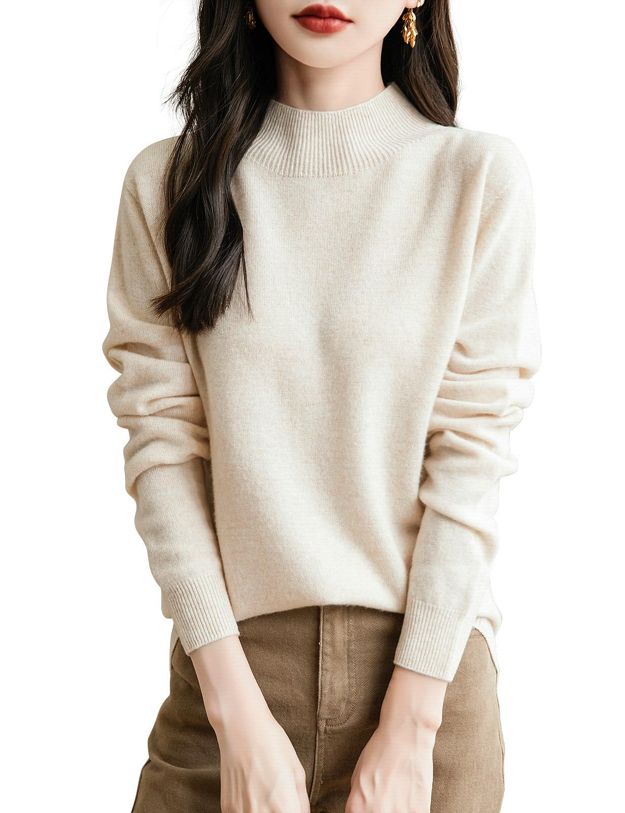Chanyarn Maglione da Donna in 100% Lana Merino Collo Alto Demi Lavorato a Maglia Senza Cuciture a Maniche Lunghe