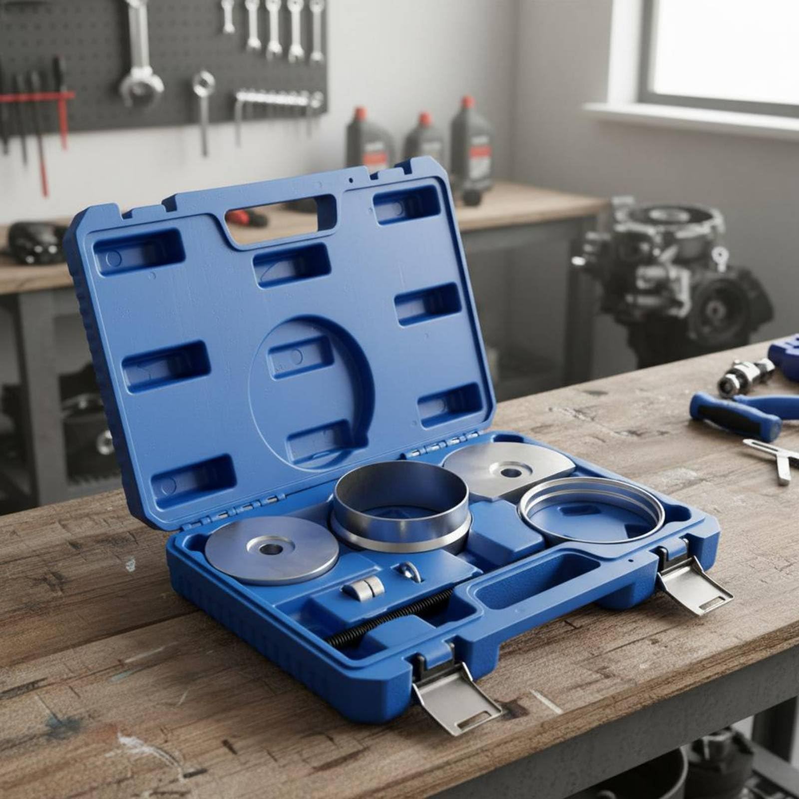 Amagogo 9 Pezzi Kit Rimozione Bushing Sospensione Pressa Boccole Braccio Oscillante Attrezzo Officina in Acciaio con Valigetta Rigida Adatto per Meccanici Riparazioni in Officina Assistenza Mobile