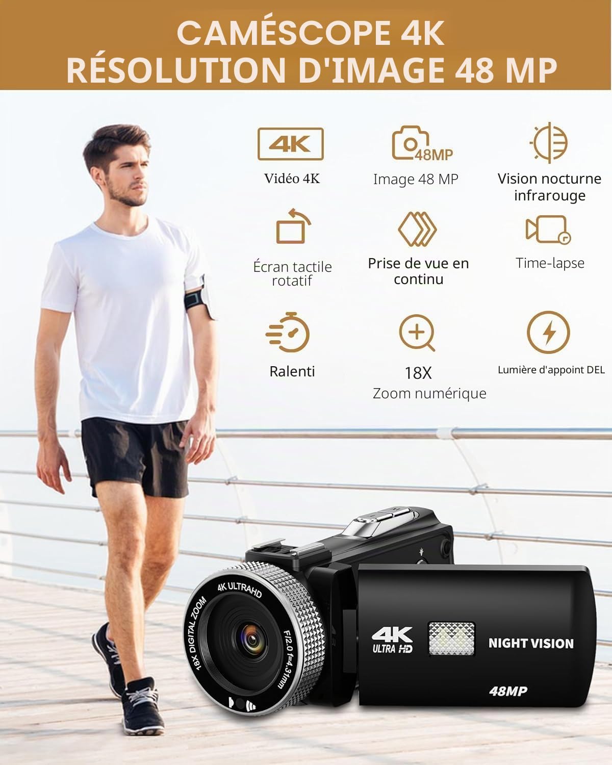 Caméscope 4K 48MP Vision Nocturne IR Zoom Numérique 18X Écran Tactile 3,0 Pouces Rotation 270° Caméra Vlogging avec Télécommande Mic Carte 32 Go 2 Piles