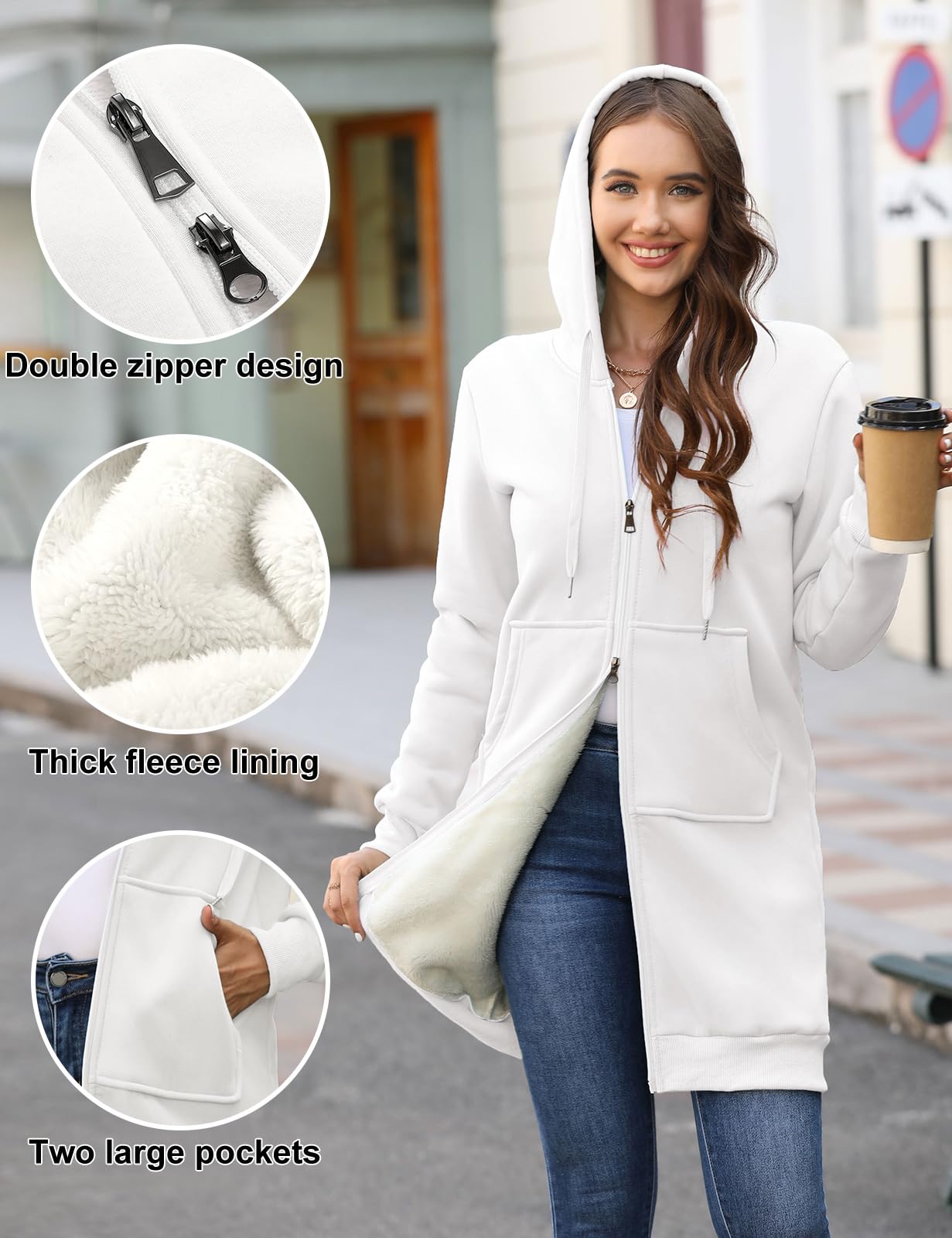 Sweat à Capuche Polaire Femme Zippé Long Pull Pullover Chaud Hiver Manteau en Peluche Manche Longue Épais Hoodie Casual Sweatshirt avec Poches