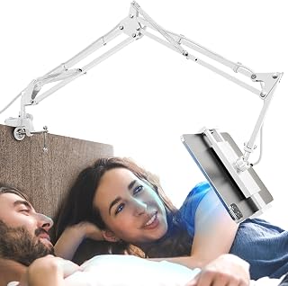 CACENCAN Tablethalterungen für Bett mit Lampe, Tablet Halterung Bett, Tablethalterung, Tablet-Ständer, Universeller Tablet-Halter 360 Grad Drehung für iPad/iPhone17 4.5~13.5 Zoll (Weiß.(Kopfbrett))