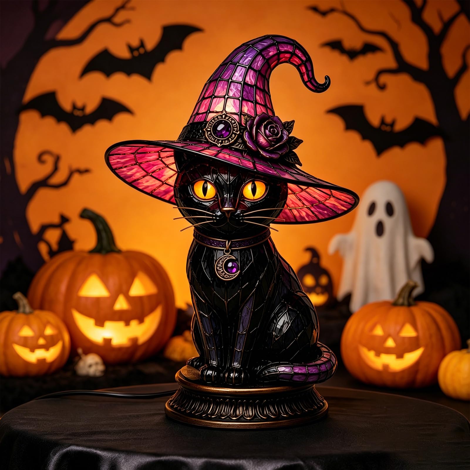 sexaoalx Stained Glass Witch Hat Lamp, Gothic Black Cat Night Light