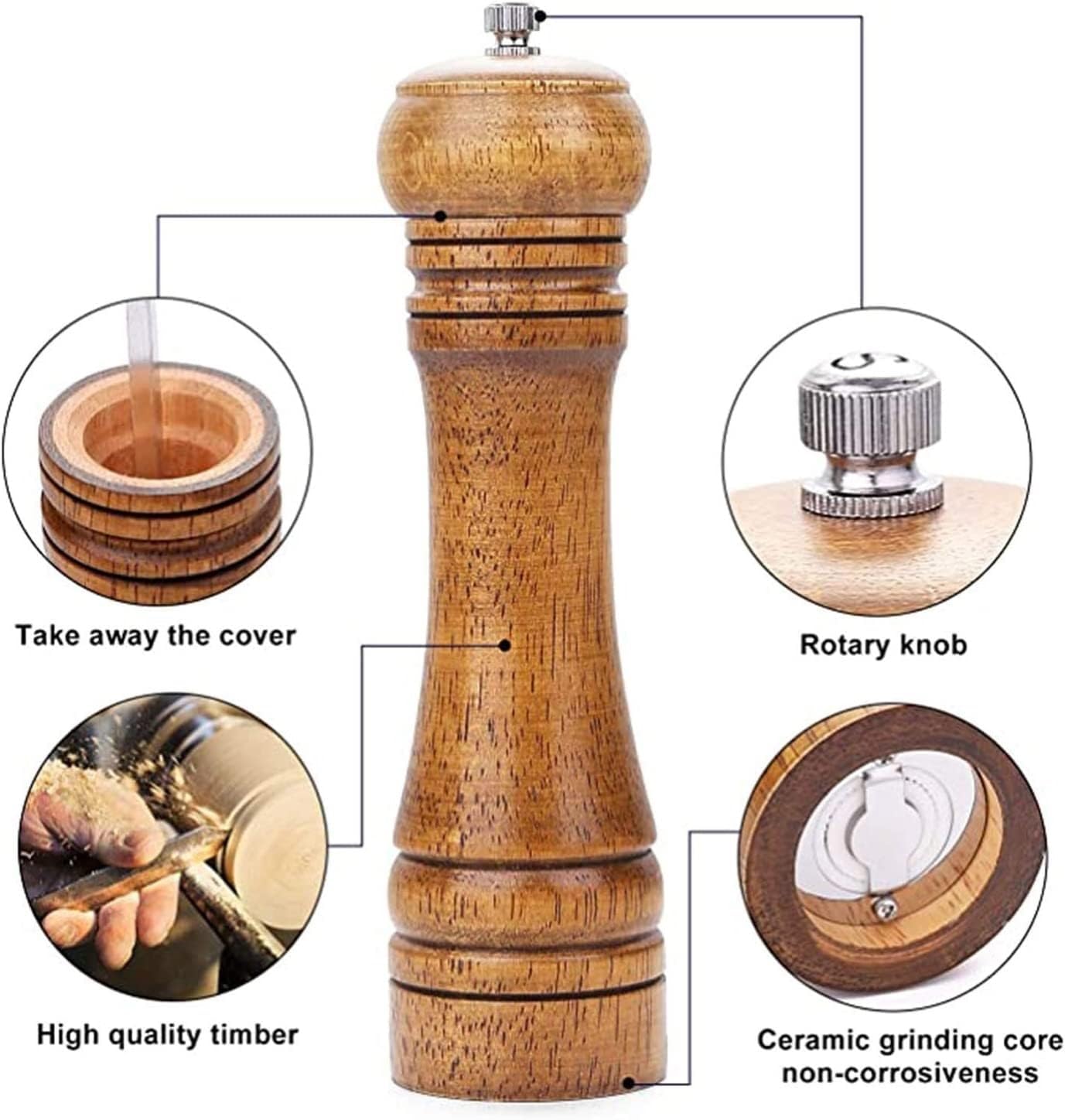 Wooden Salt and Pepper Grinder Set, Salt and Pepper Shaker Wooden Salt Grinder Pepper Mill Shakers Refillable with Adjustable Coarseness Ceramic Rotor