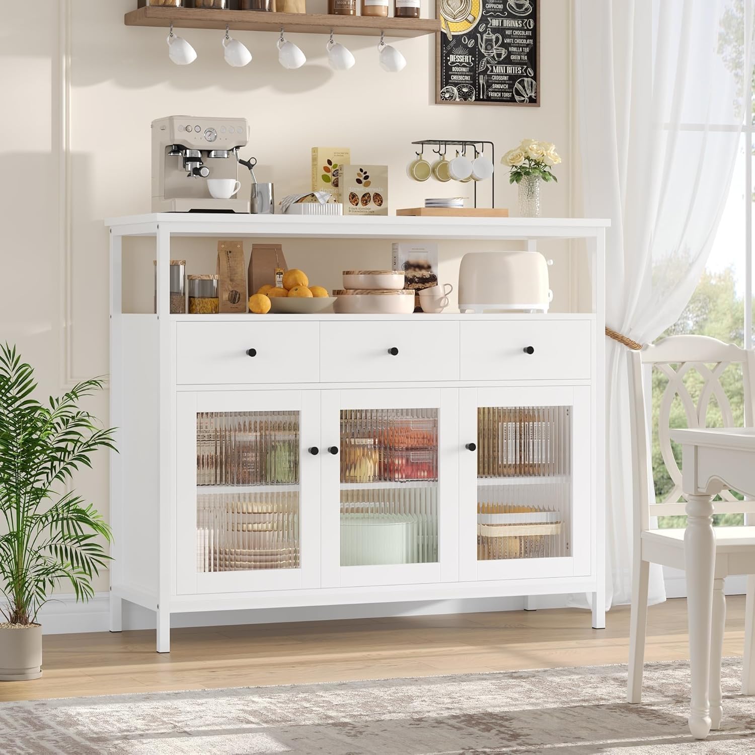 FirFurd Credenza Cucina,Mobile Cucina con 3 Cassetti e 3 Ante Bianco | Dispensa Cucina con Ante Vetro Temperato｜Credenza Soggiorno a Ripiani Regolabili｜per Sala da Pranzo, Soggiorno｜108x38x98,5 cm