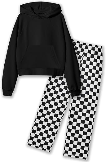 Girls Fall Clothes Long Sleeve Black Hoodie Sweatshirt and Plaid Wide-leg Pants 2PCS Girl Outfits Winter Clothing Sets Size 6