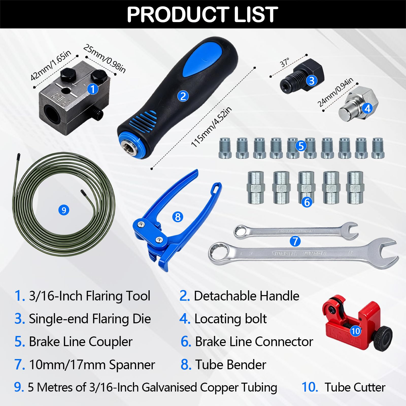 Kit de sertissage de tuyaux de Frein TECKZOON 12 pièces, Tuyau 5m 4,75mm, 10 raccords à boulons +5 raccords, Coupe-tuyaux, Pince à Plier/sertir pour Remplacement de tuyaux de Frein et hydrauliques