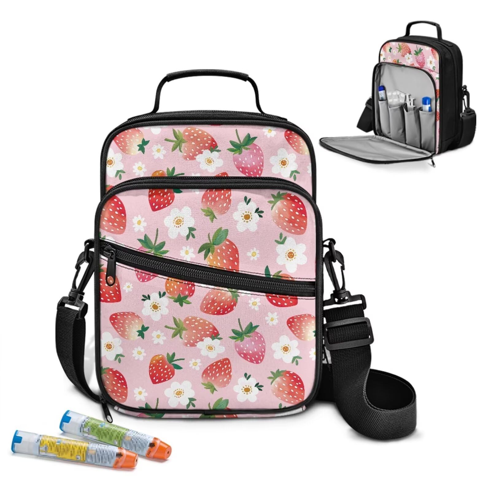 Yatixapu Insulin Travel Case, Strawberry Diabetes Supplies Bag, Travel Medication Diabetes Supplies Organizer Bag with Shoulder Strap for Glucose Meter and Diabetic Supplies