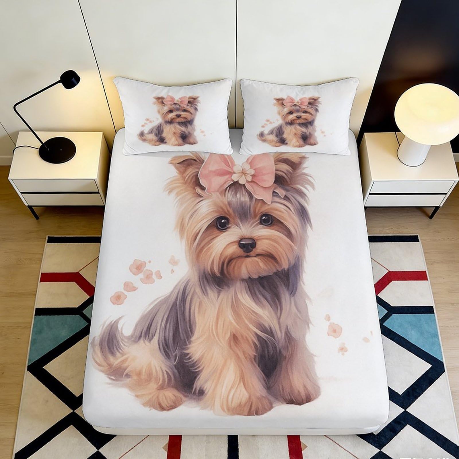 3D Printed Cute Yorkshire Terrier Fitted Sheet Microfiber Soft Durable Puppy Pattern Bed Cover for Bedroom Dormitory Guest Room Mattress Protection 120x200x25cm