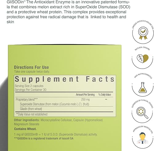 Miniatura 4 de GliSODin Nutrientes para la piel La enzima antioxidante - Protección contra el daño de los radicales libres - Reduce el estrés oxidativo - 60