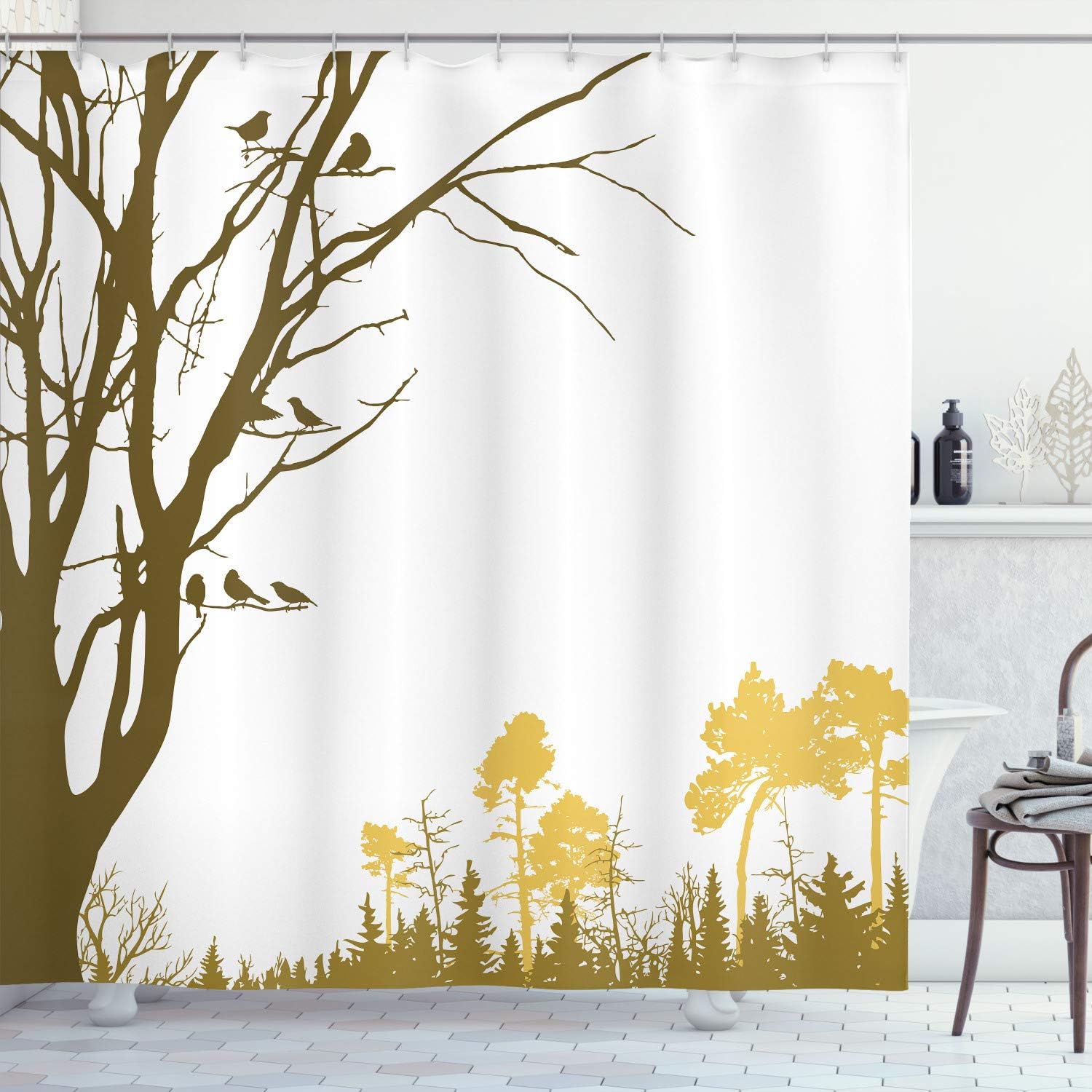 Ambesonne Forest Shower Curtain, Nature Theme The Panorama of a Forest Pattern Birds on Tree Branches Print, Cloth Fabric Bathroom Decor Set with Hooks, 70" Long, Dark Purple