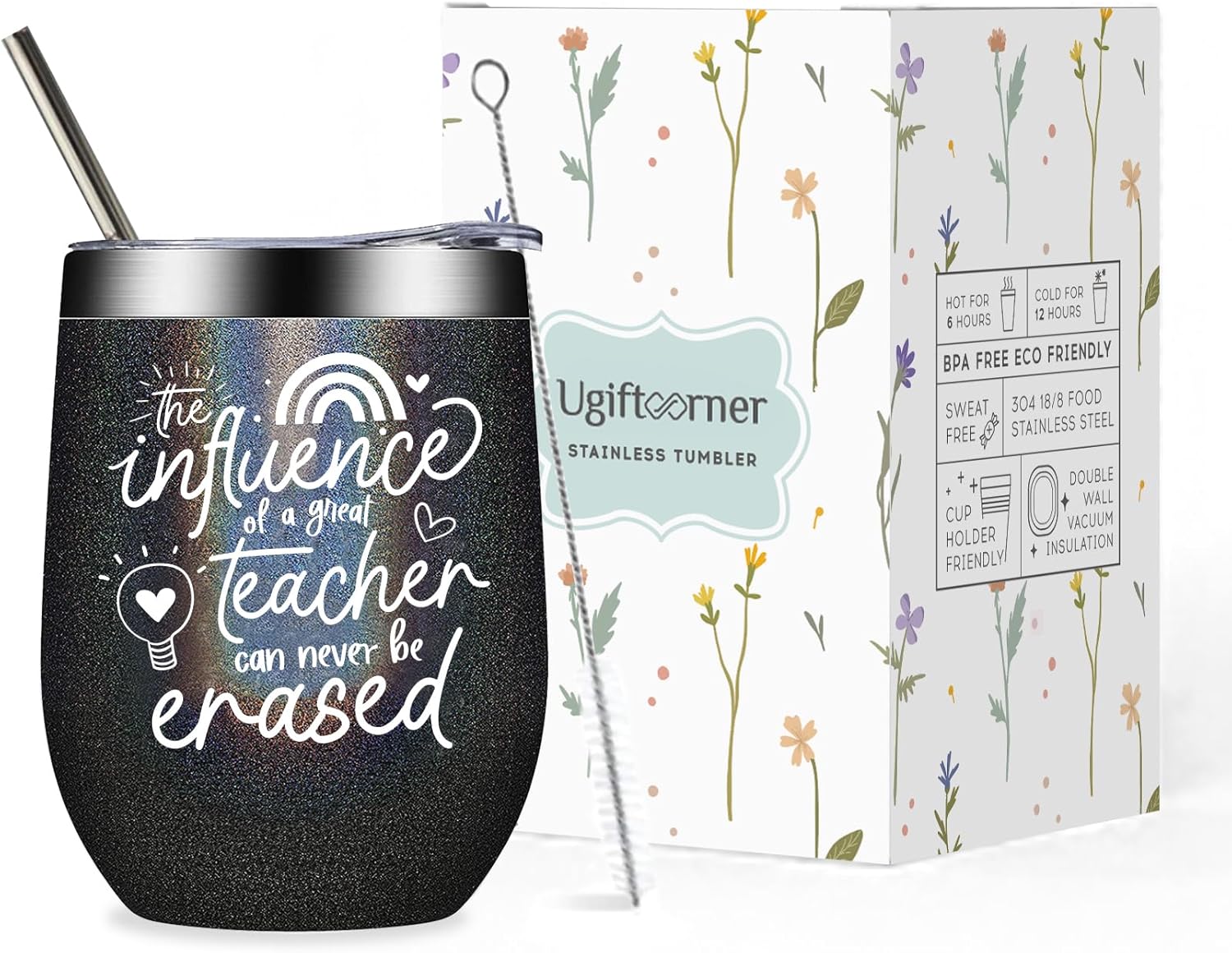 Teacher Tumbler for Women Teacher Appreciation Gifts Thank You Graduation Birthday Christmas Thanksgiving Gifts Stainless Steel Wine Tumbler Cup 12 oz Black