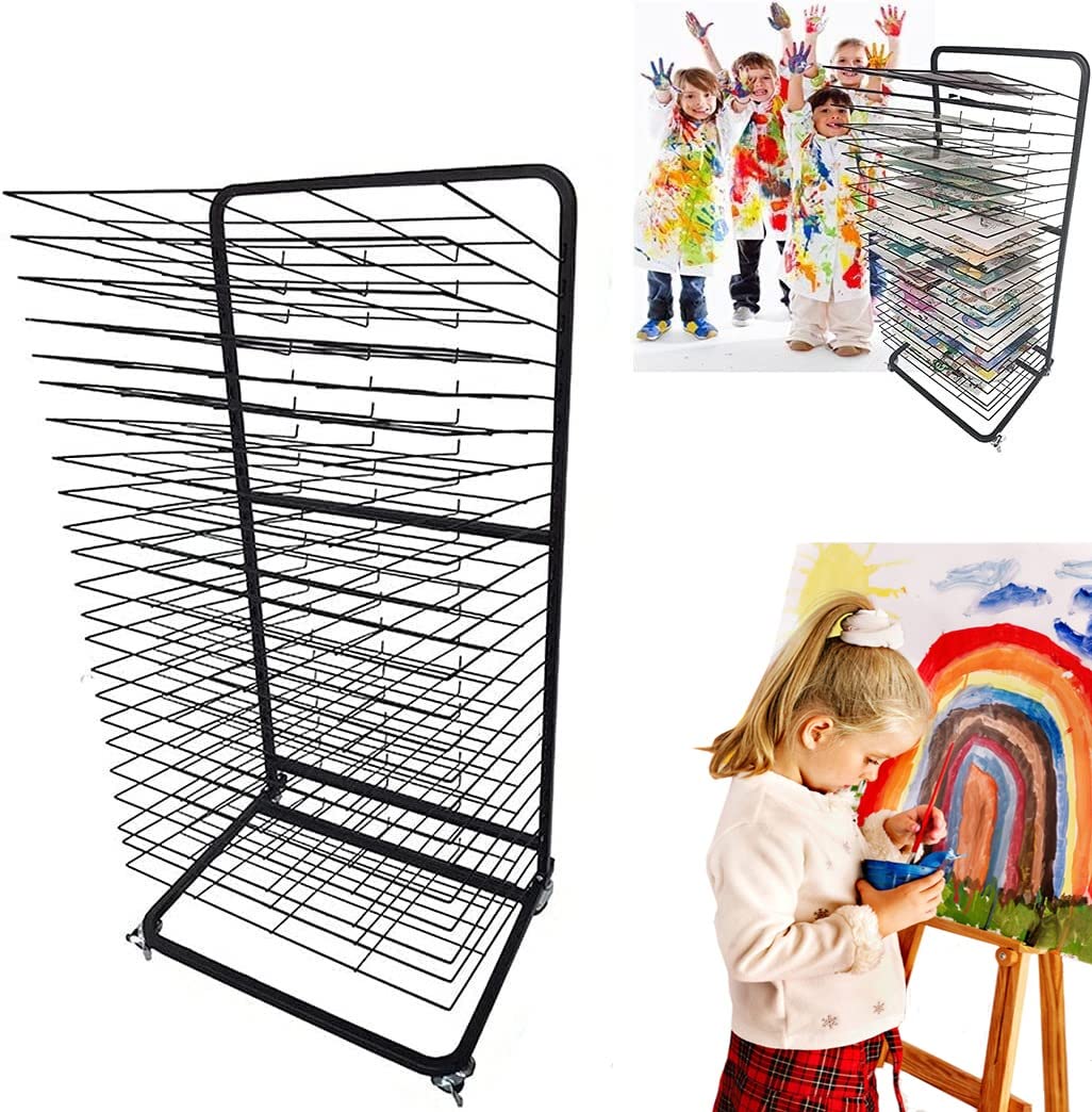 Aioneer Art Drying Rack, Mobile Cart for Painting Paper Craft Paint Artwork Wire Rack Storage, Flexible Shelves Metal Steel Art Drying Rack for Classroom, Art Studio Club, Black Powder Coated Finish