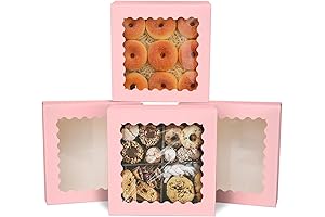 qiqee Auto-pop up Pink Pie Boxes with Window 10x10x2.5 inch 30Packs Cookie Donut Bakery Box