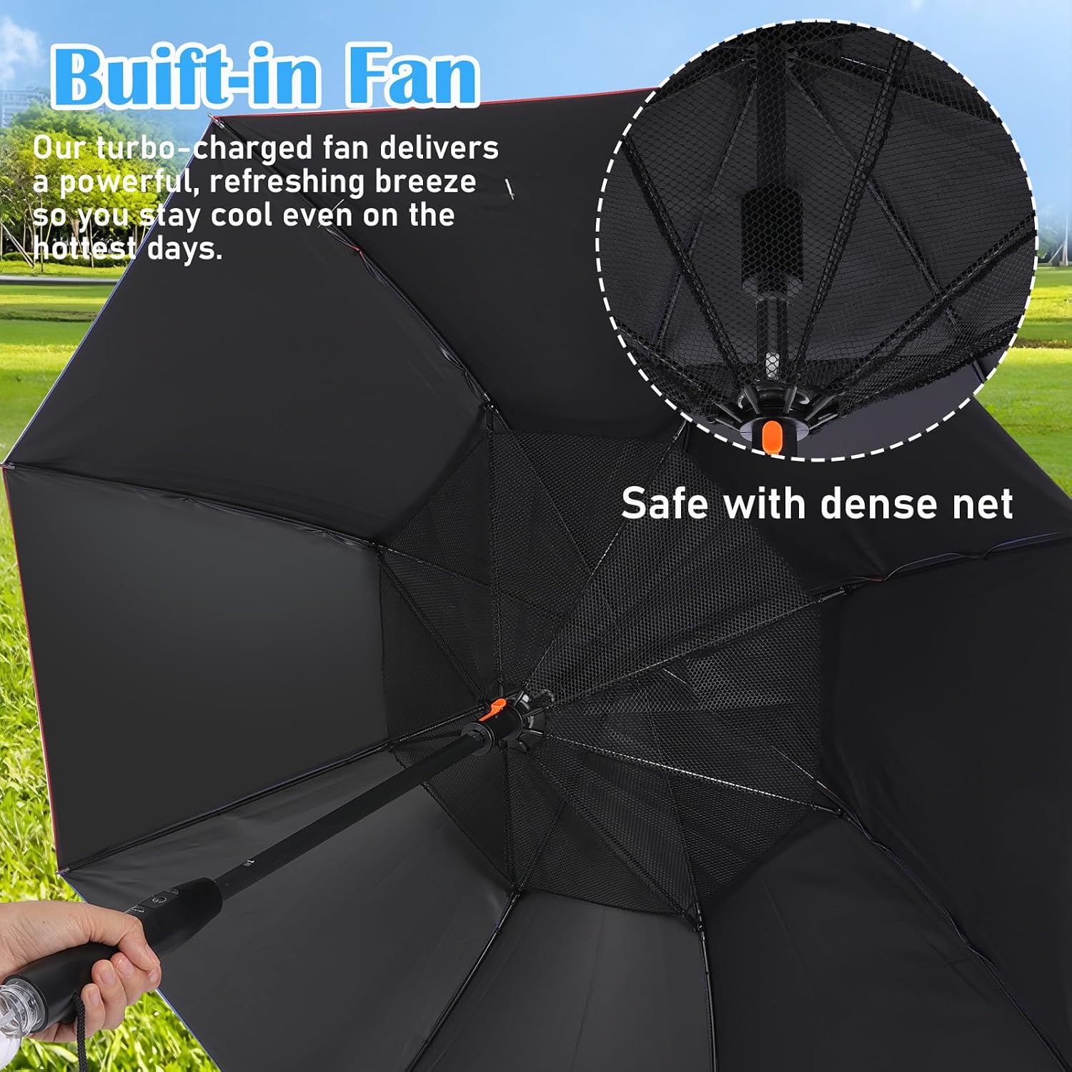 Rechargeable Umbrella with Fan 3-in-1 Handheld Cooling System, Build in Mist Spray, UV Protection, Full Body Coverage for Beach, Golf, Festivals, and Outdoor Activities