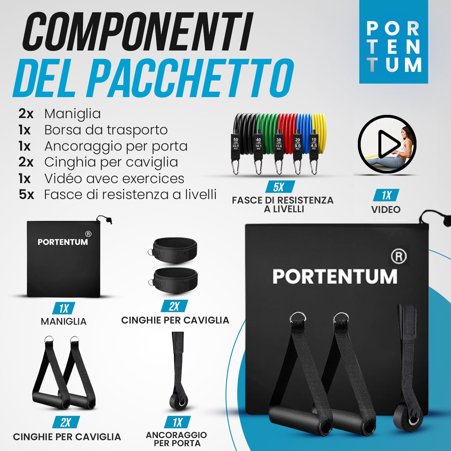 PORTENTUM Elastique Musculation 5 Niveaux 150 lbs (68 kg) Multicolore