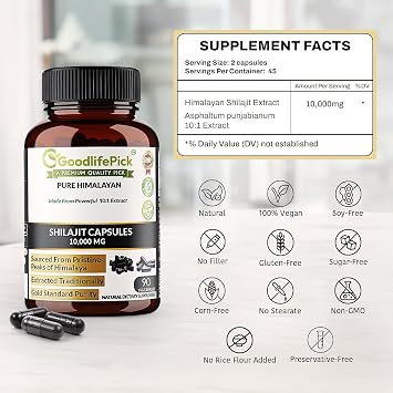 Pure Himalayan Shilajit Capsules.Maximum Strength Natural Shilajit Rich in Trace Mineral & Fulvic Acid.High Altitude Sourcing. Vegan NonGMO 90ct. Extracted Traditionally No Stearate No Rice Flour
