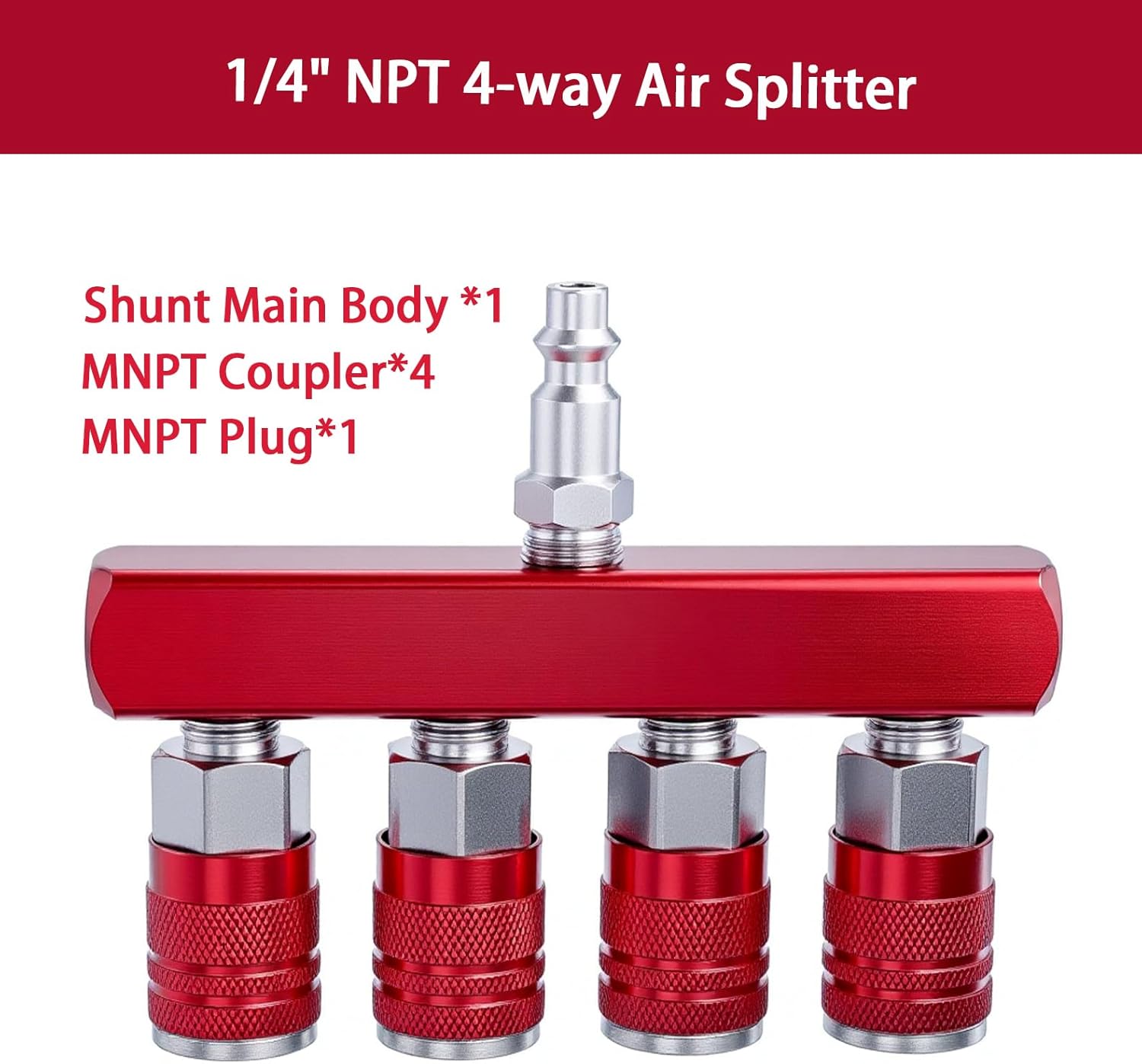 4-Way Air Manifold 1/4 Inch Air Hose Splitter Industrial Connect Fitting 4 Couplers Plug Red