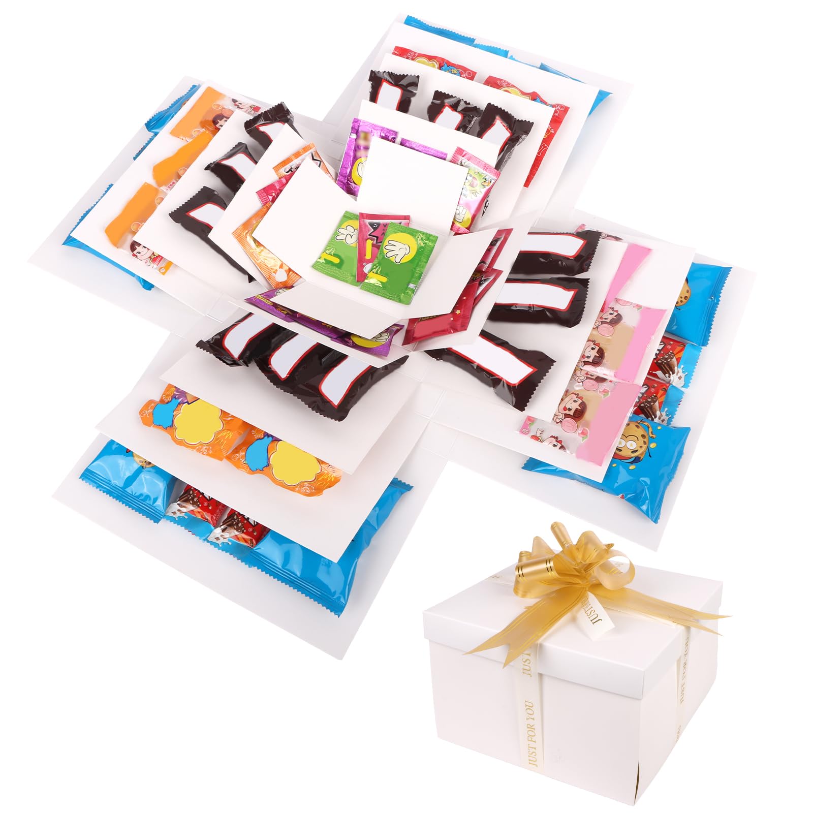 5 Layer Creative Explosion Gift Box, White Snack Explosion Box with Tape and Ribbon, DIY Explosion Gift Box Surprise Box for Valentine's Day Anniversary Wedding Birthday