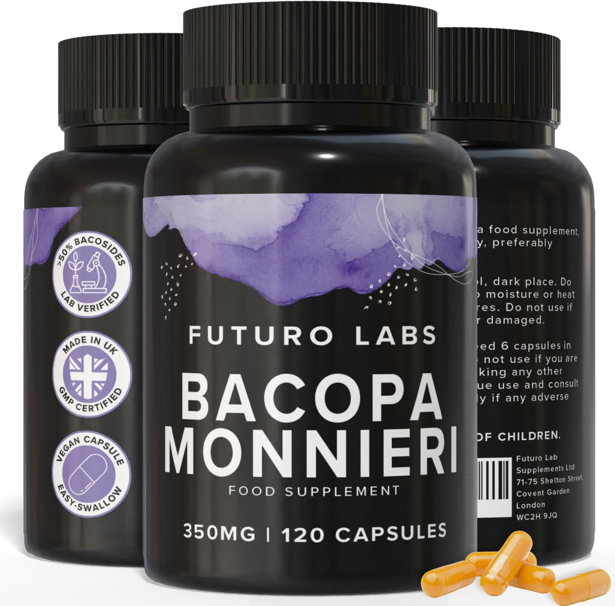 Bacopa Monnieri Capsules 350mg - Brain/Memory Supplements - Made in the UK - 4 Month Supply - Vegan, Non-GMO, Gluten-Free. Natural Ayuverdic Supplement Bacopa Extract