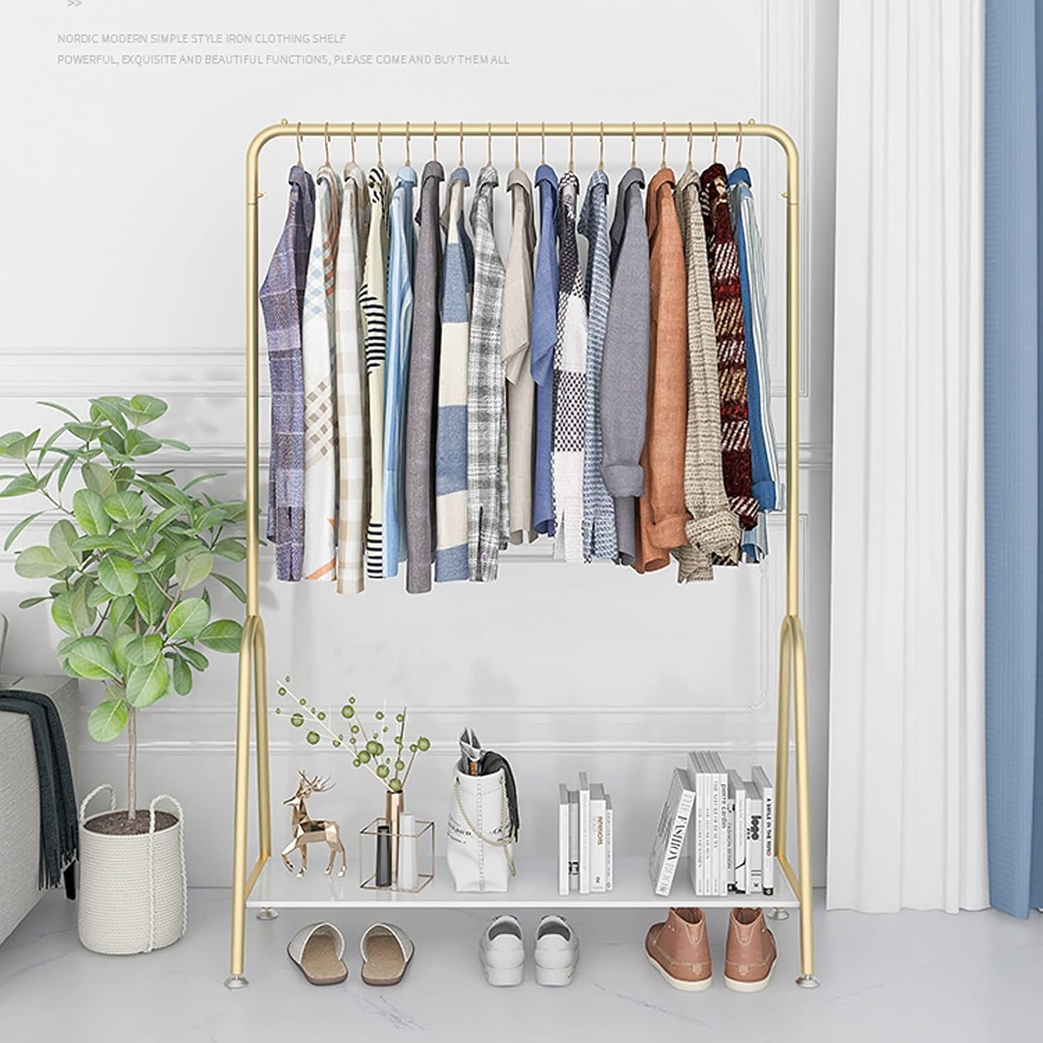 Clothes Rail with Bottom White Storage Shelf,Modern Clothes Rack Garment Display Stand with Adjustable Lifting Feet (Gold-150cm image 2