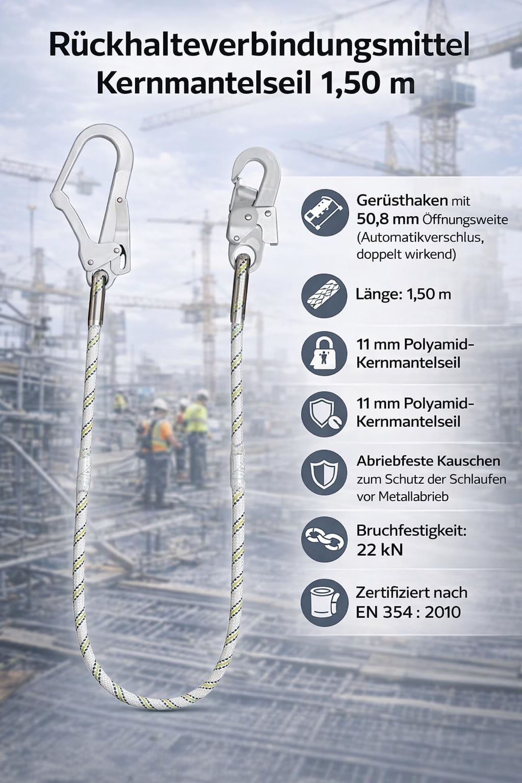 Kratos Safety Rückhalteverbindungsmittel aus Kernmantelseil, 1,5 m, mit Stahlkarabiner und Gerüsthaken, EN354, PSA