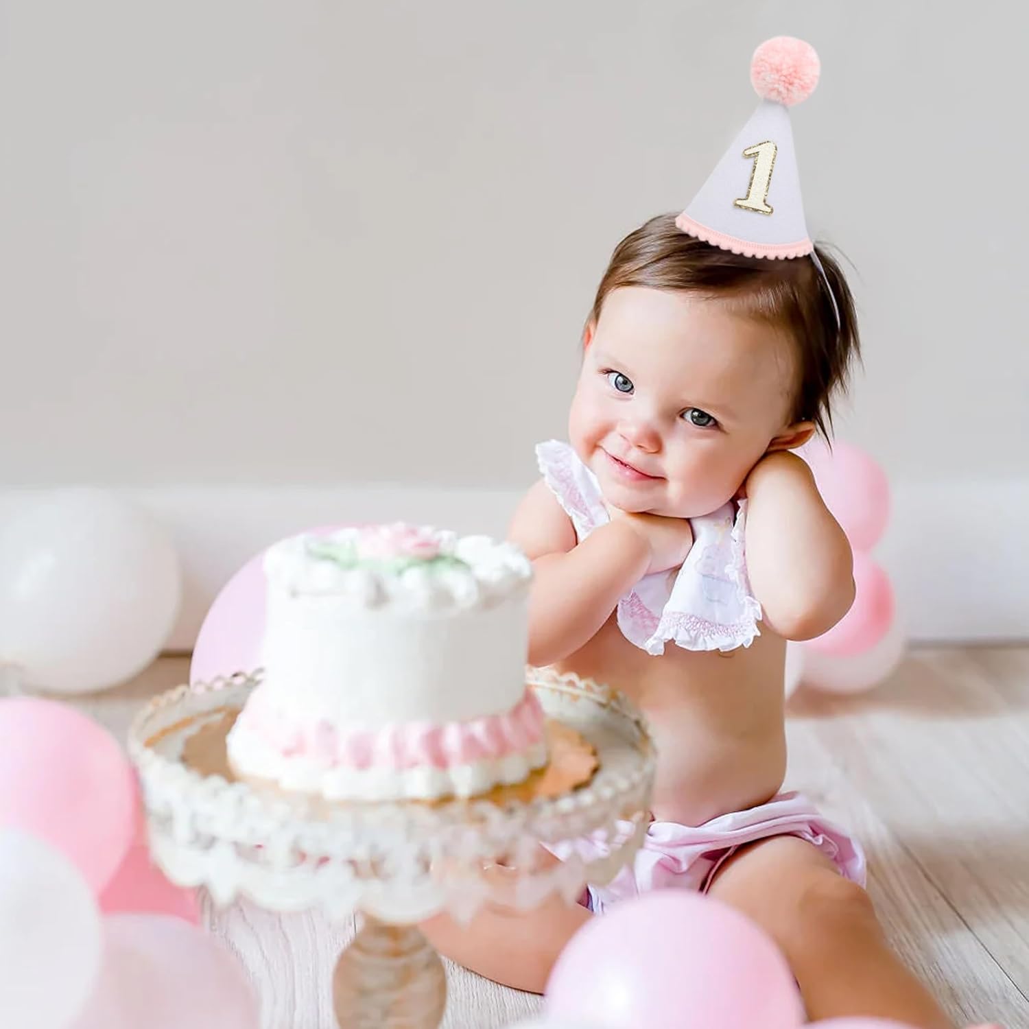 HGFC First Birthday Hat for Baby Girls - Glitter Hat with Pink Pom Topper, Cake Smash Photo Prop for 1st Birthday - Image 5