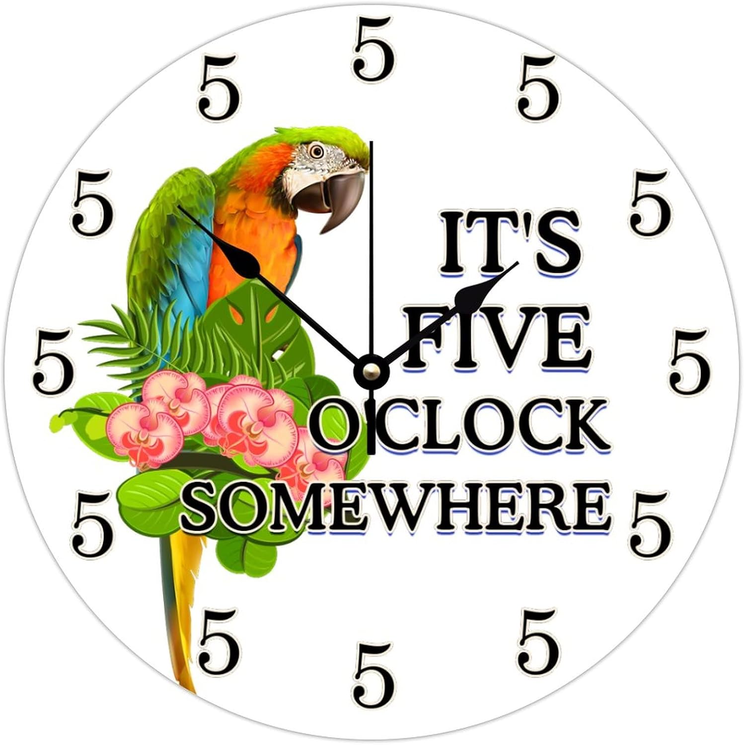 Wood Wall Clock Battery Operated Non Ticking It's Five O'clock Somewhere Vintage Wall Clocks Bird Summer Coconut Wall Decor for Nursery Bathroom Children's Room 12 Inch