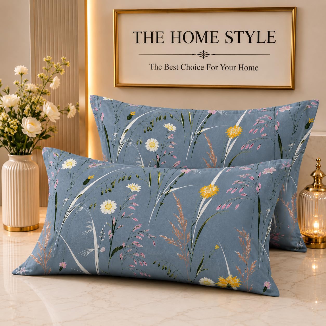 THE HOME STYLE Super Soft Glace Cotton King Size Printed Pillow Covers ll Pillow Cases ll Set of 2 Piece- 18"x 28" Inches (Bluebell Whisper)