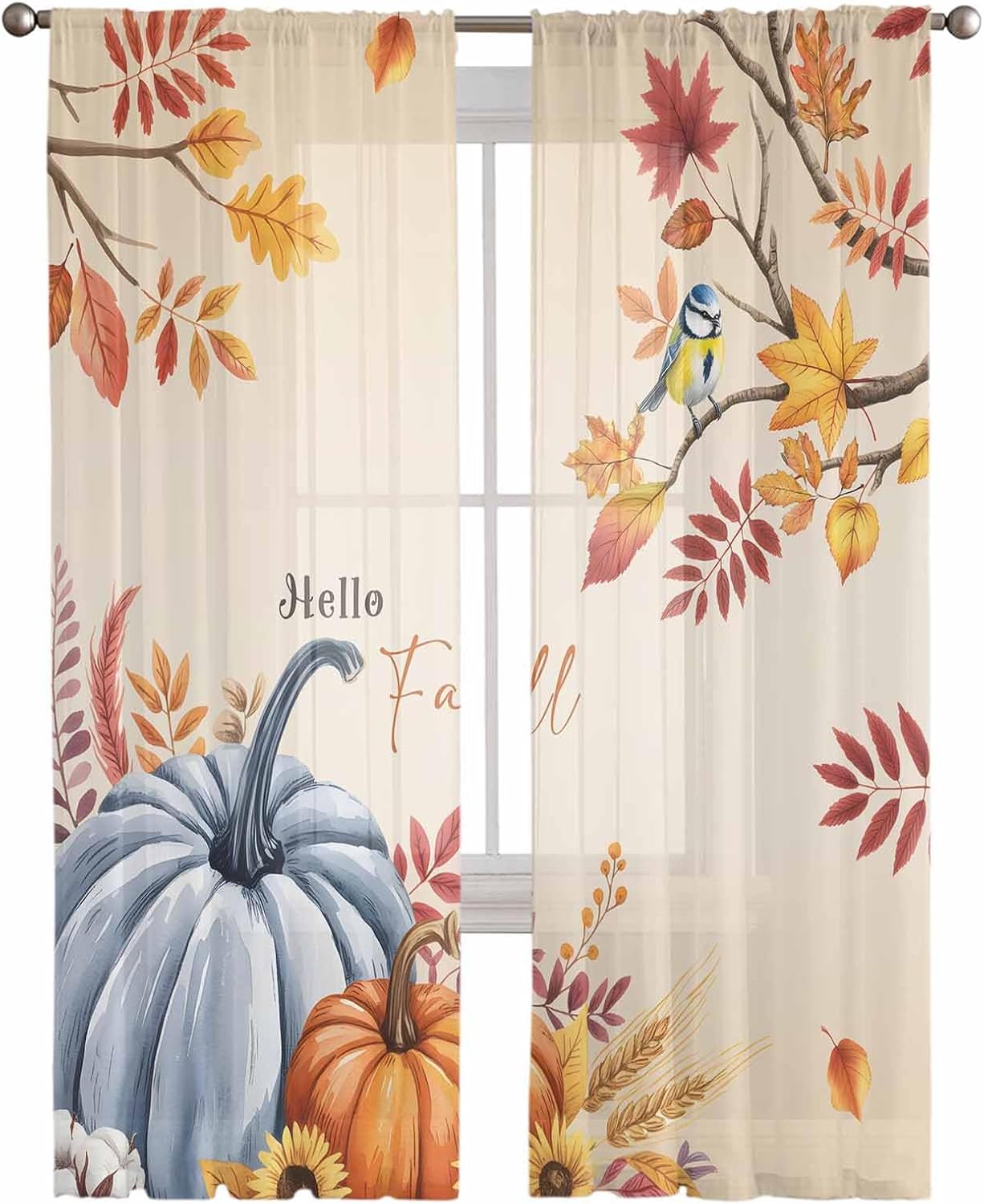 2 PCS Hello Fall Semi-Sheer Curtains 63 Inches Long - Rod Pocket Voile Panels, Window Drape Chiffon Fabric Sheer Curtains for Living Room Bedroom, Thanksgiving Pumpkin Leaves Bird Blue Orange 104x63