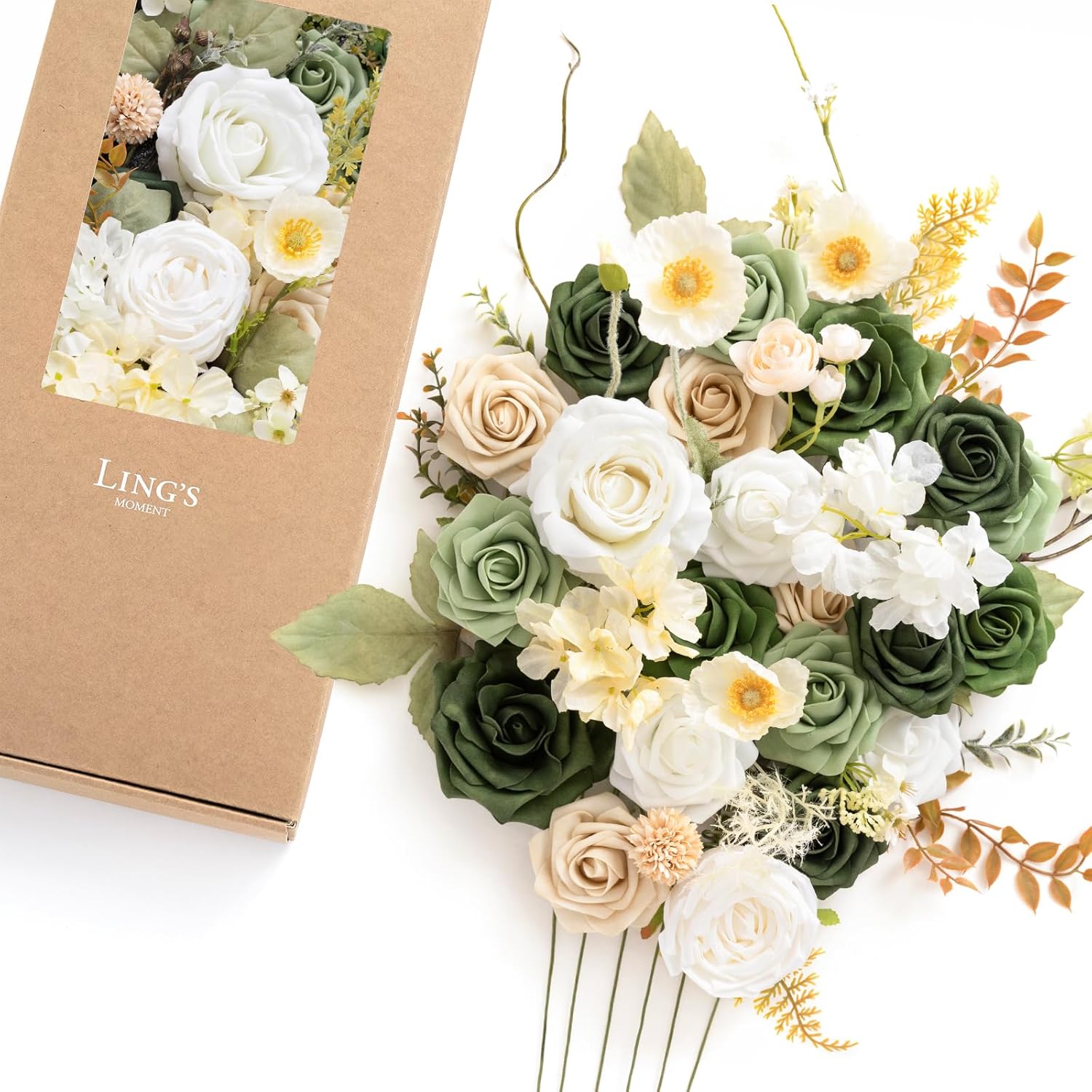 Ling's moment Green Flowers Artificial, Emerald Green & Beige Flowers and Greenery Deluxe Combo Box Set for DIY Wedding Bridal Bouquet, Centerpieces, Home Decor, Floral Arrangement Decor, etc.