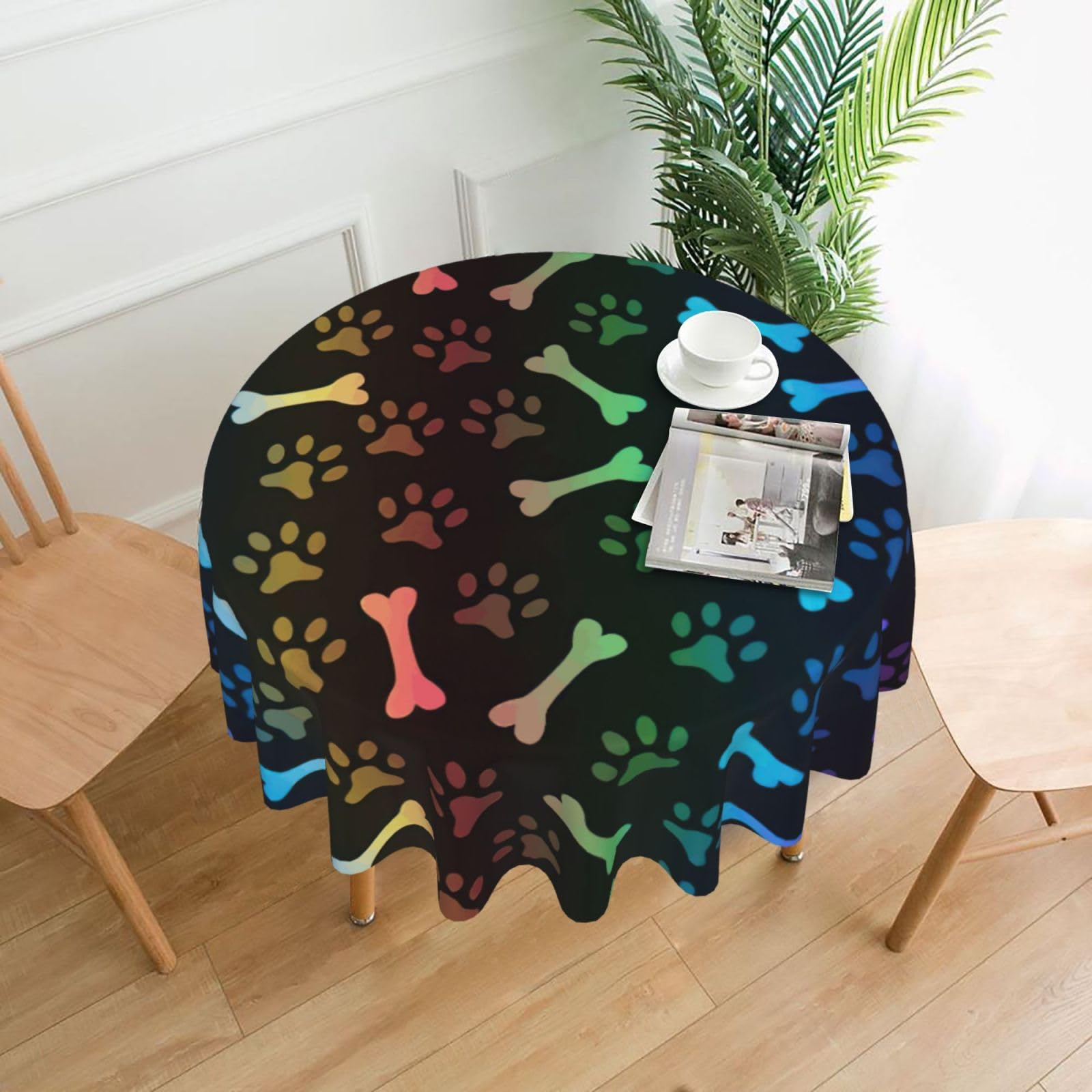 SDEGTHO Rainbow Dog Cat Paw Print Modern Retro Round Tablecloth 60in Polyester Fabric Cover for Party Dining Table Washable