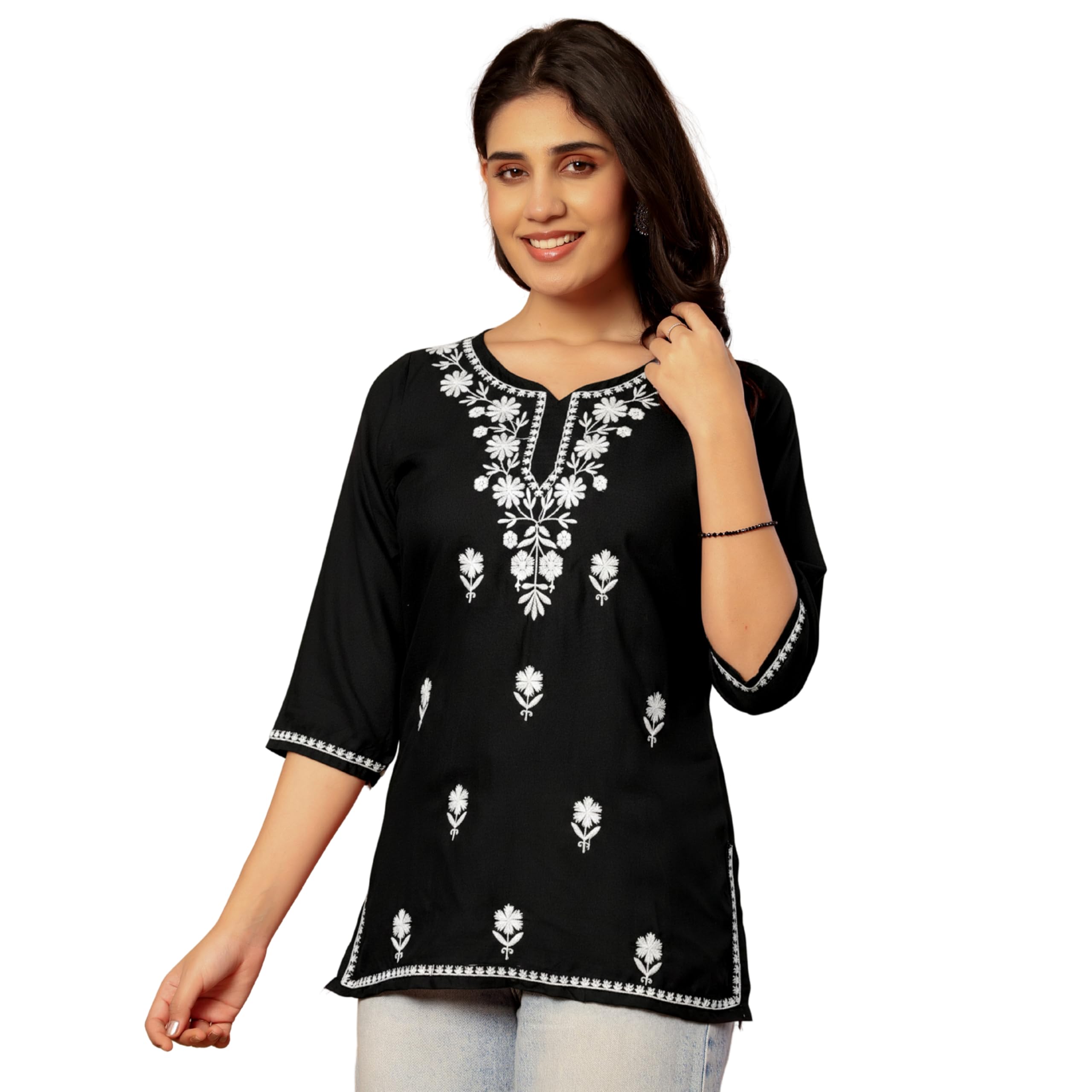 indesi Women's Rayon Chikankari Short Kurti | Lucknowi Embroidered Tunic Top | Round Neck 3/4 Sleeves Kurta for Girls | Casual Office Wear Kurta-picture-39