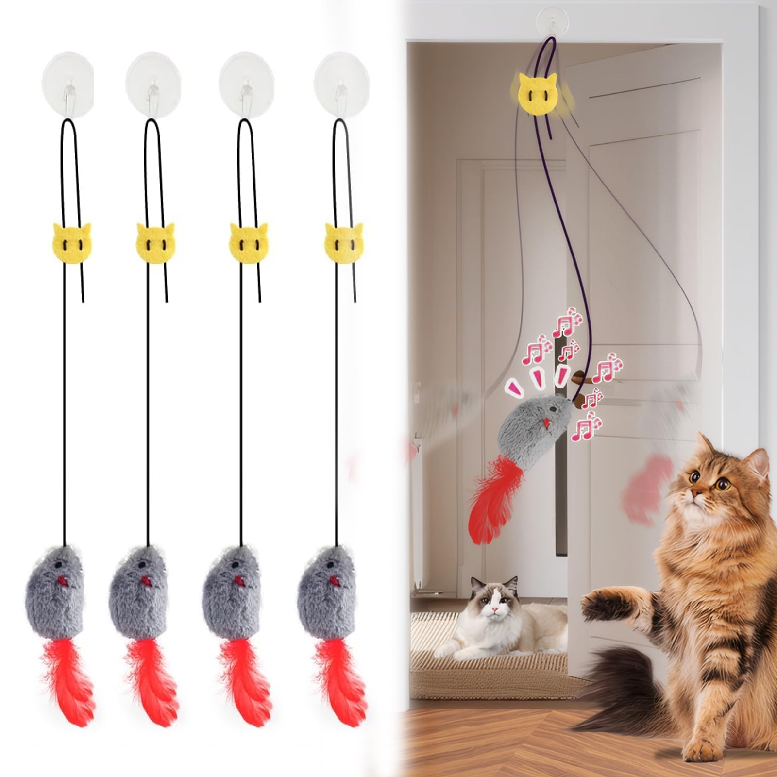 AOUZOVLI 4 Piezas de Juguete para Gatos, Ratón de Juguete para Gatos, Juguete Interactivo para Gatos, Marco de Puerta Colgante con Sonido chirriante, diseño de ratón Realista (Gris)