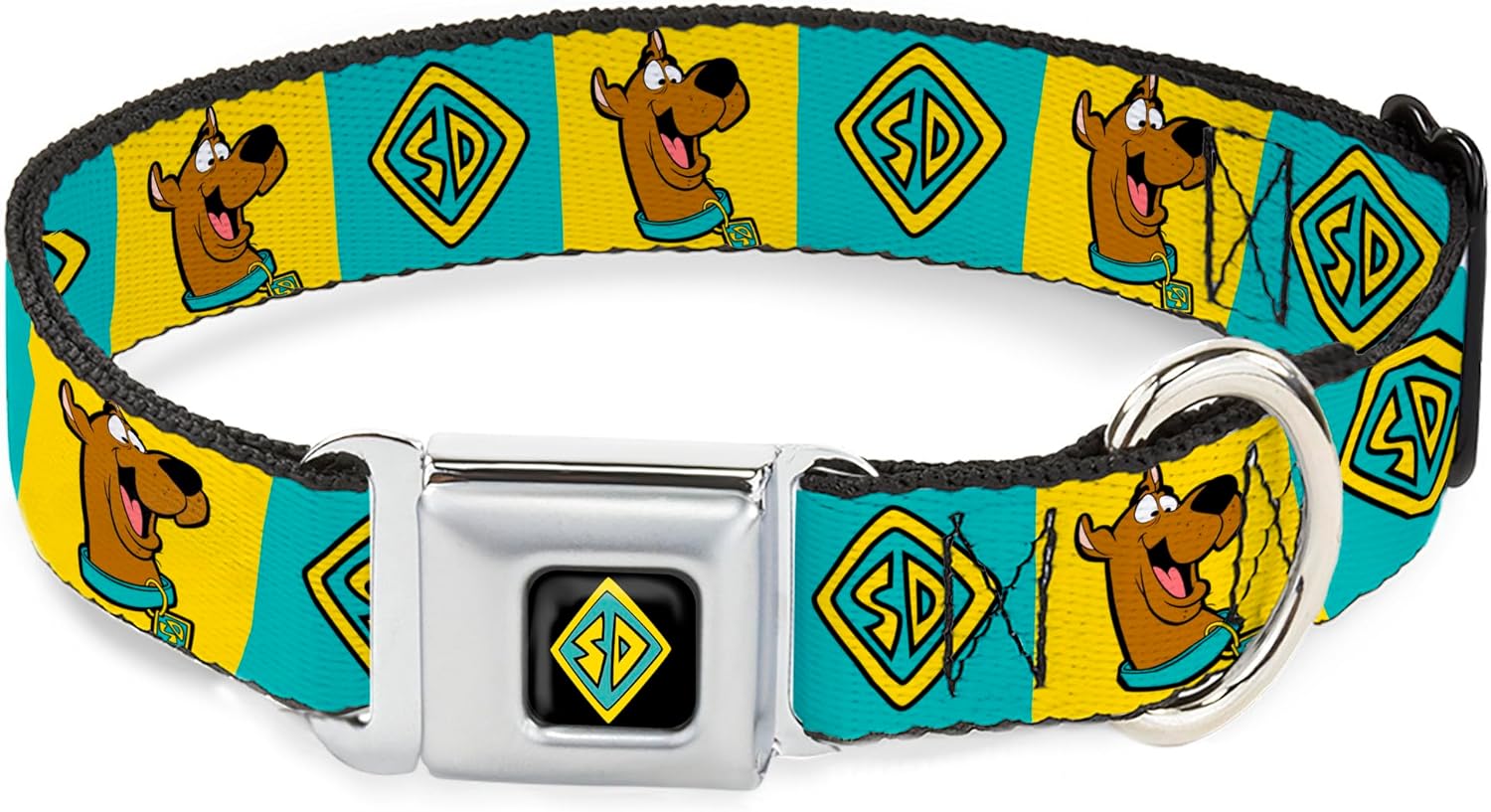 Scooby Doo Pet Collar, Dog Collar Metal Seatbelt Buckle, Scooby Doo Pose and Dog Tag Blocks Yellow Blue, 20 to 31 Inches 1.5 Inch Wide